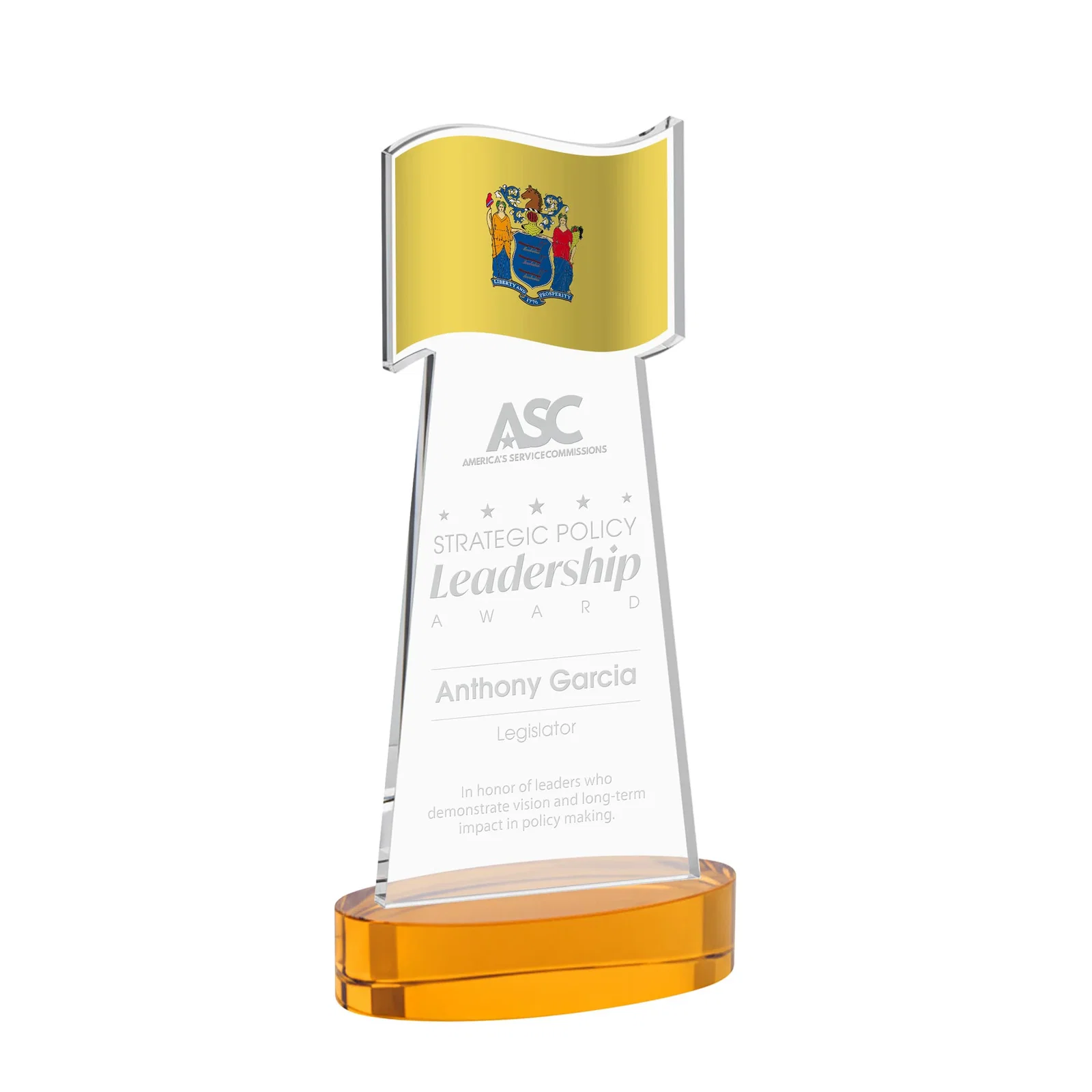Custom Starfire Crystal Award with a Flag-Shaped Cutout for graduation ceremonies