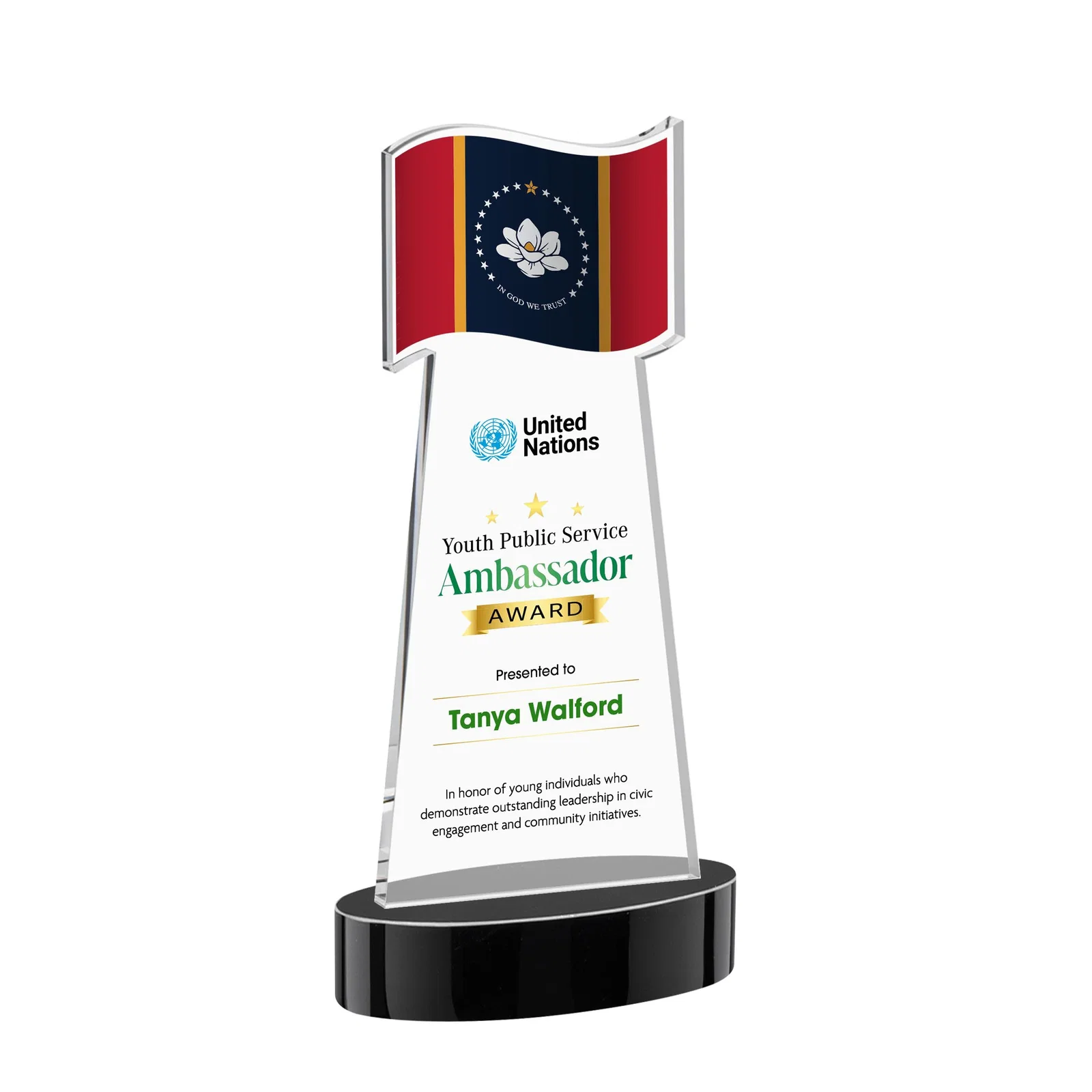 Custom printed Starfire Crystal Award with a Flag-Shaped Cutout for safety achievement programs