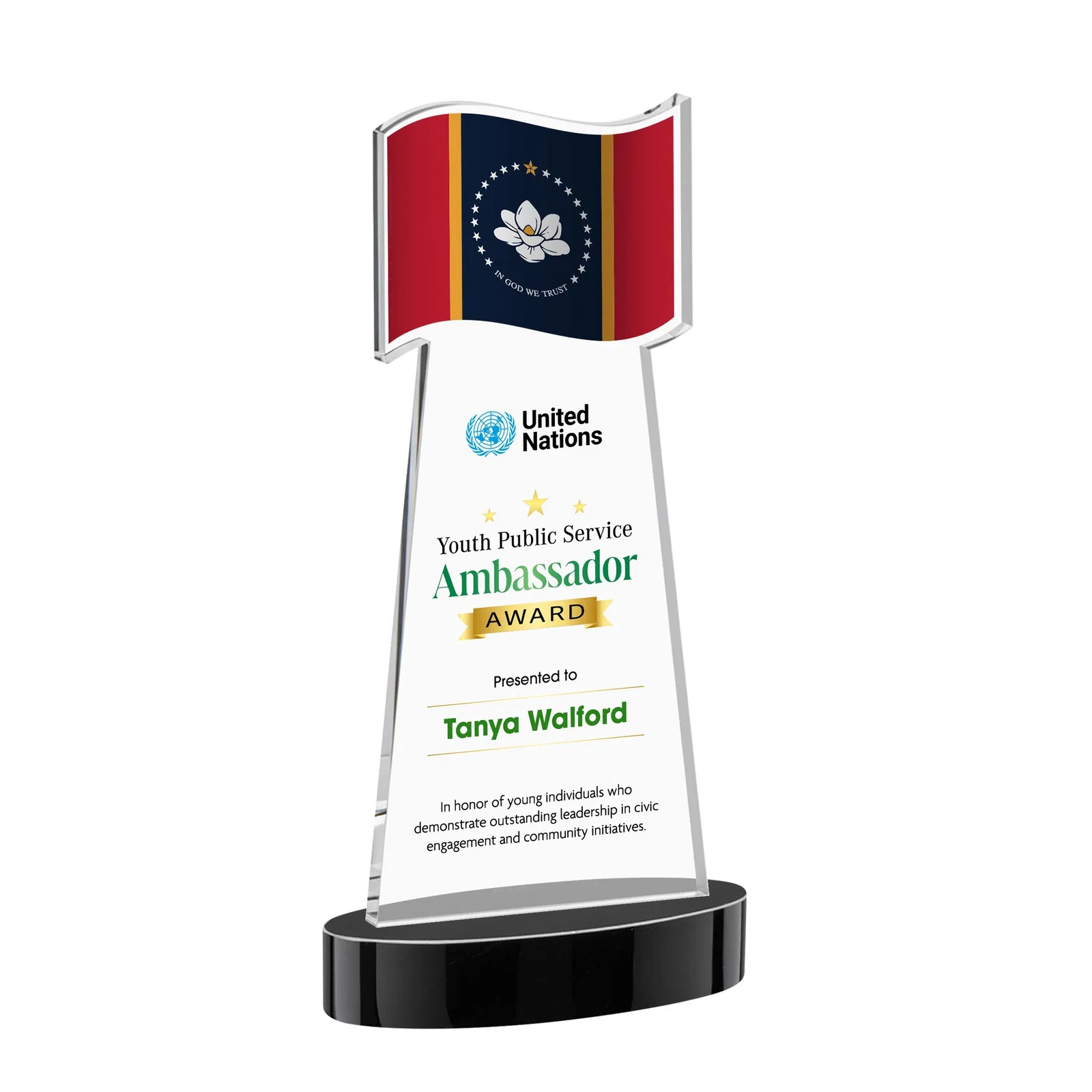 Custom printed Starfire Crystal Award with a Flag-Shaped Cutout for volunteer appreciation