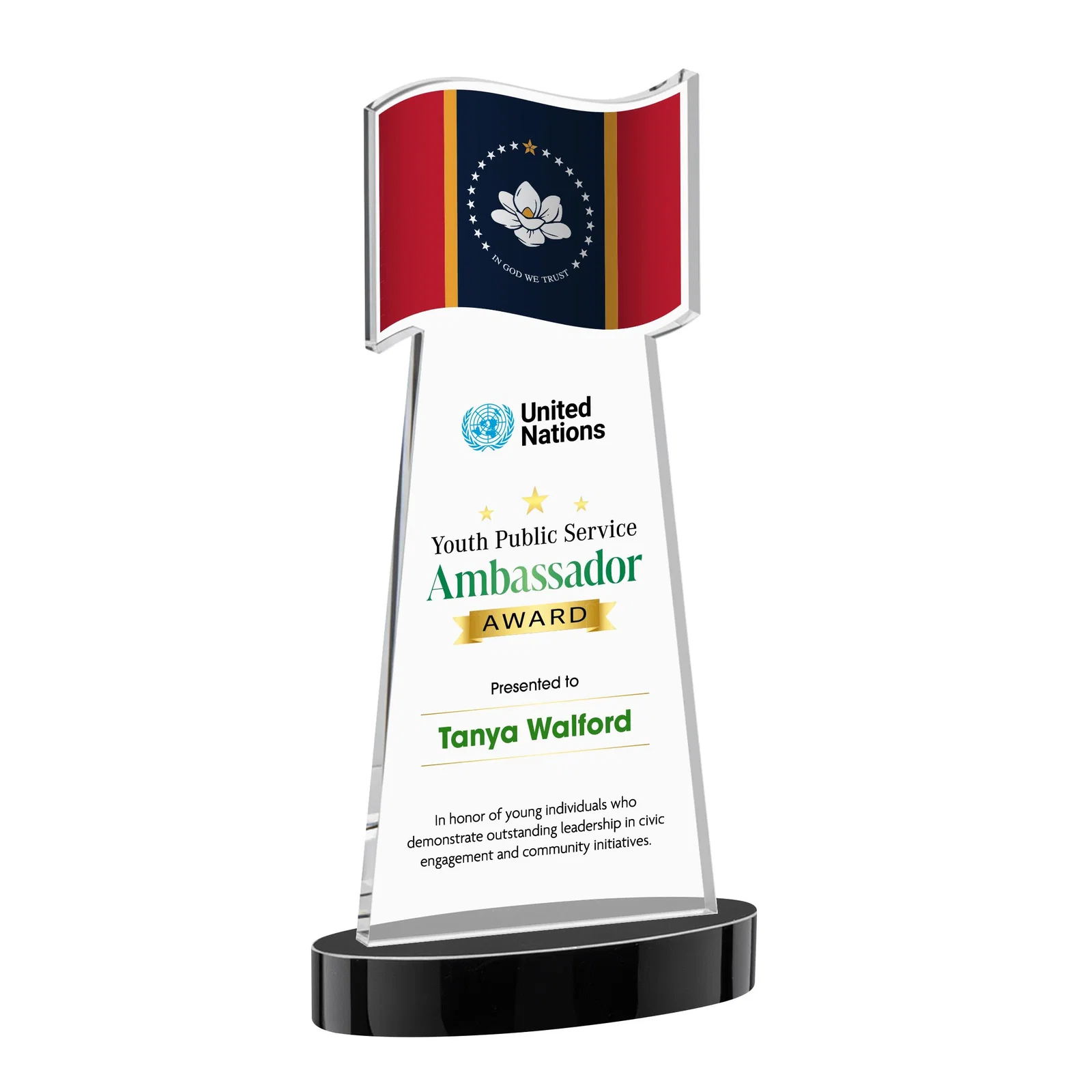 Custom printed Starfire Crystal Award with a Flag-Shaped Cutout for dealer and partner awards