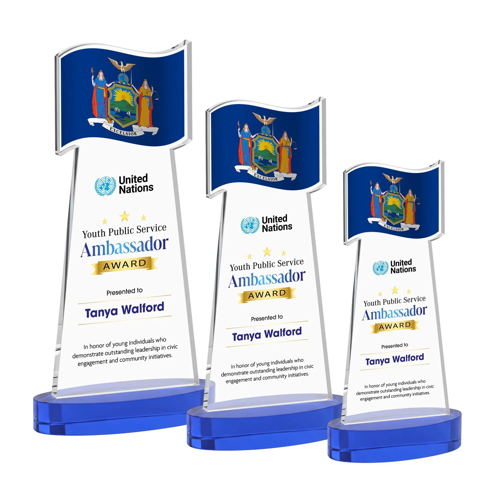 Custom printed Starfire Crystal Award with a Flag-Shaped Cutout for company anniversary events