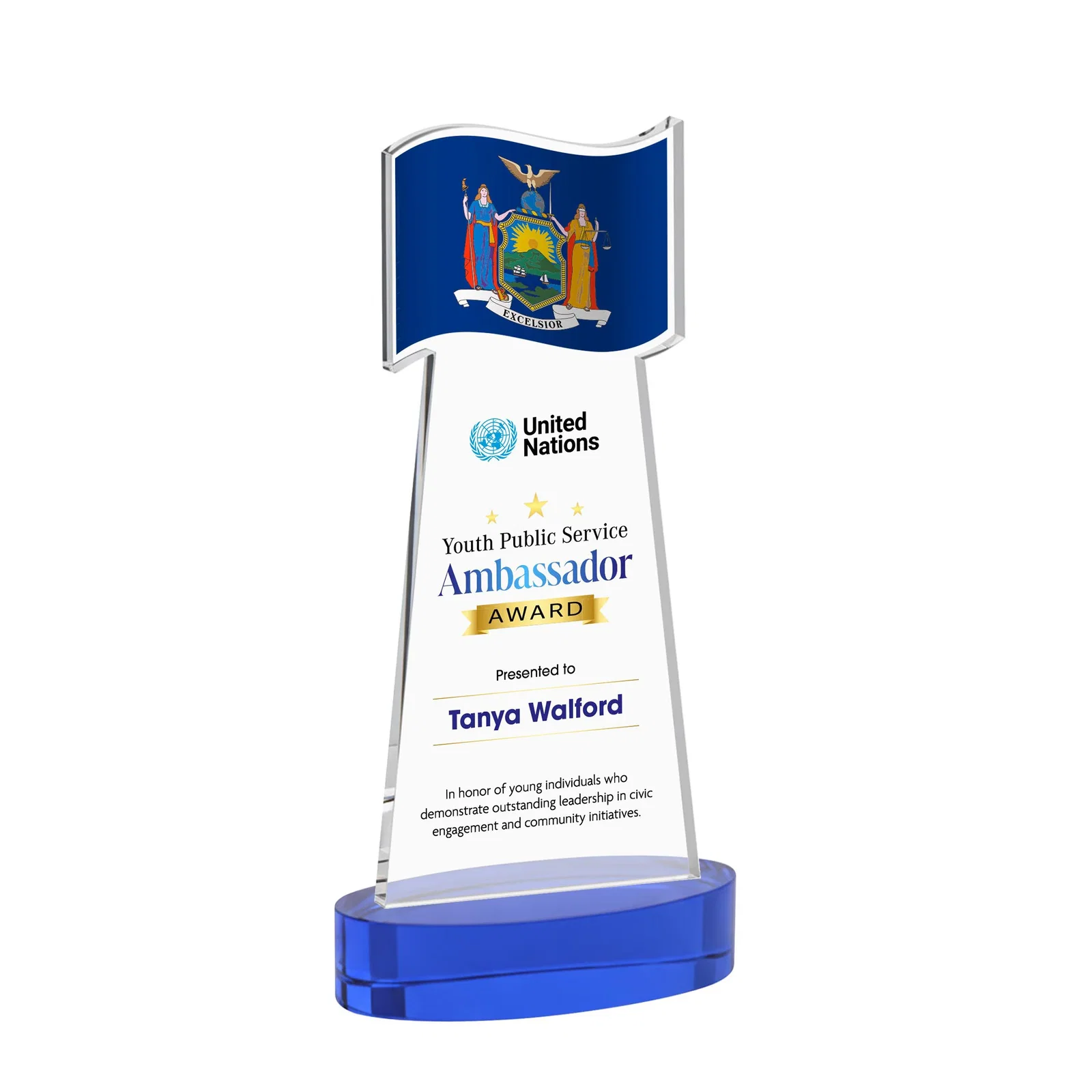 Customized Starfire Crystal Award with a Flag-Shaped Cutout for employee recognition