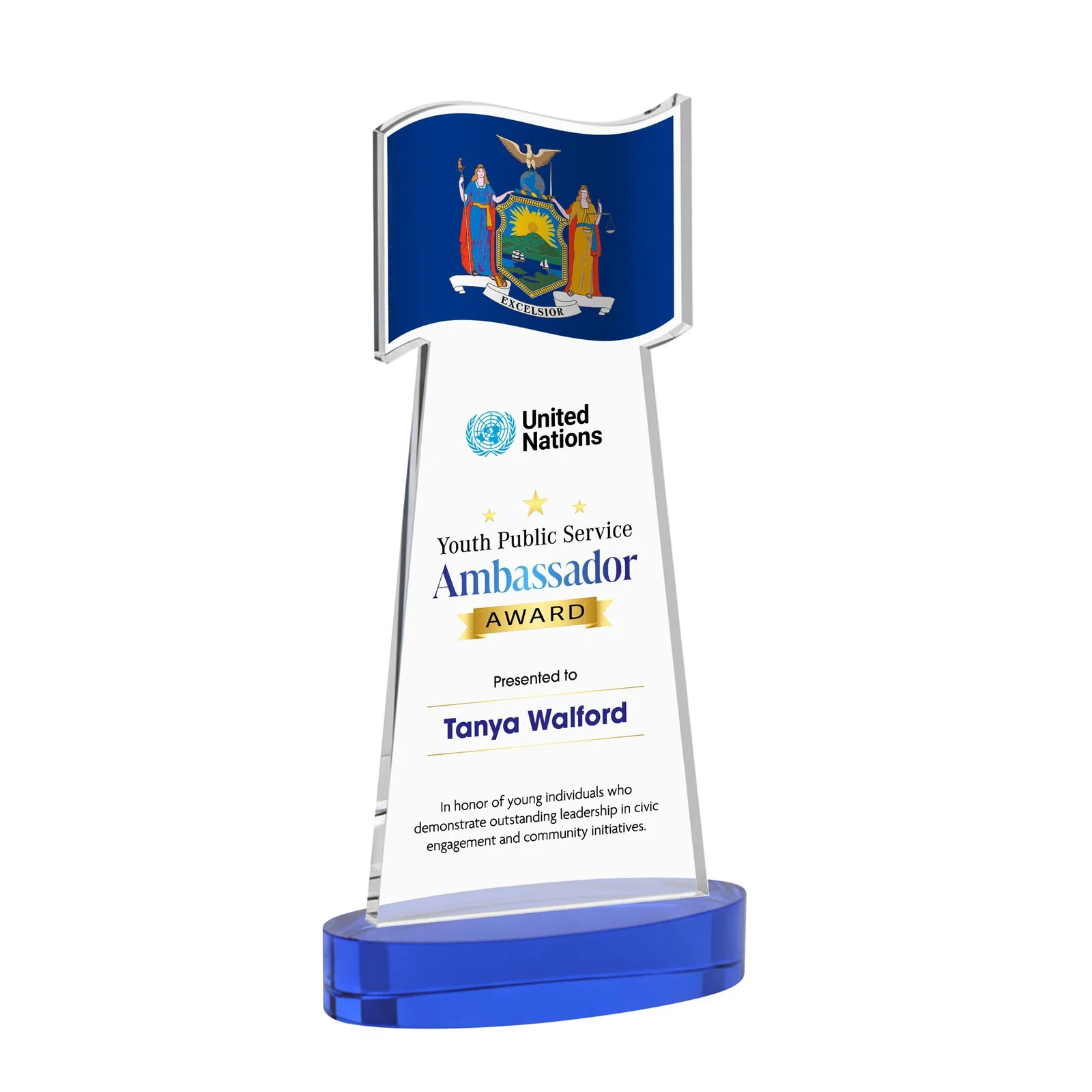 Customized Starfire Crystal Award with a Flag-Shaped Cutout for corporate award ceremonies
