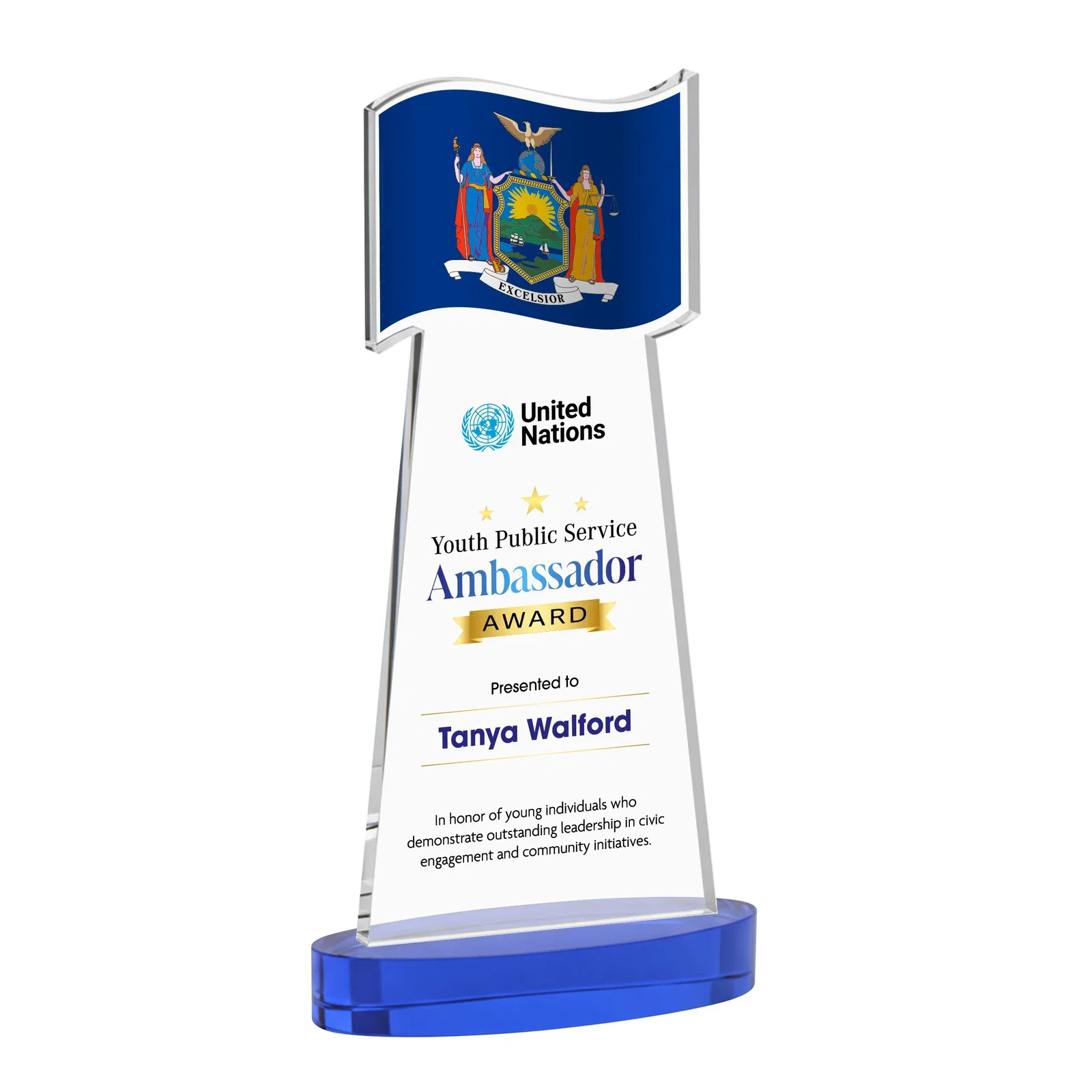 Customized Starfire Crystal Award with a Flag-Shaped Cutout for service anniversary gifts