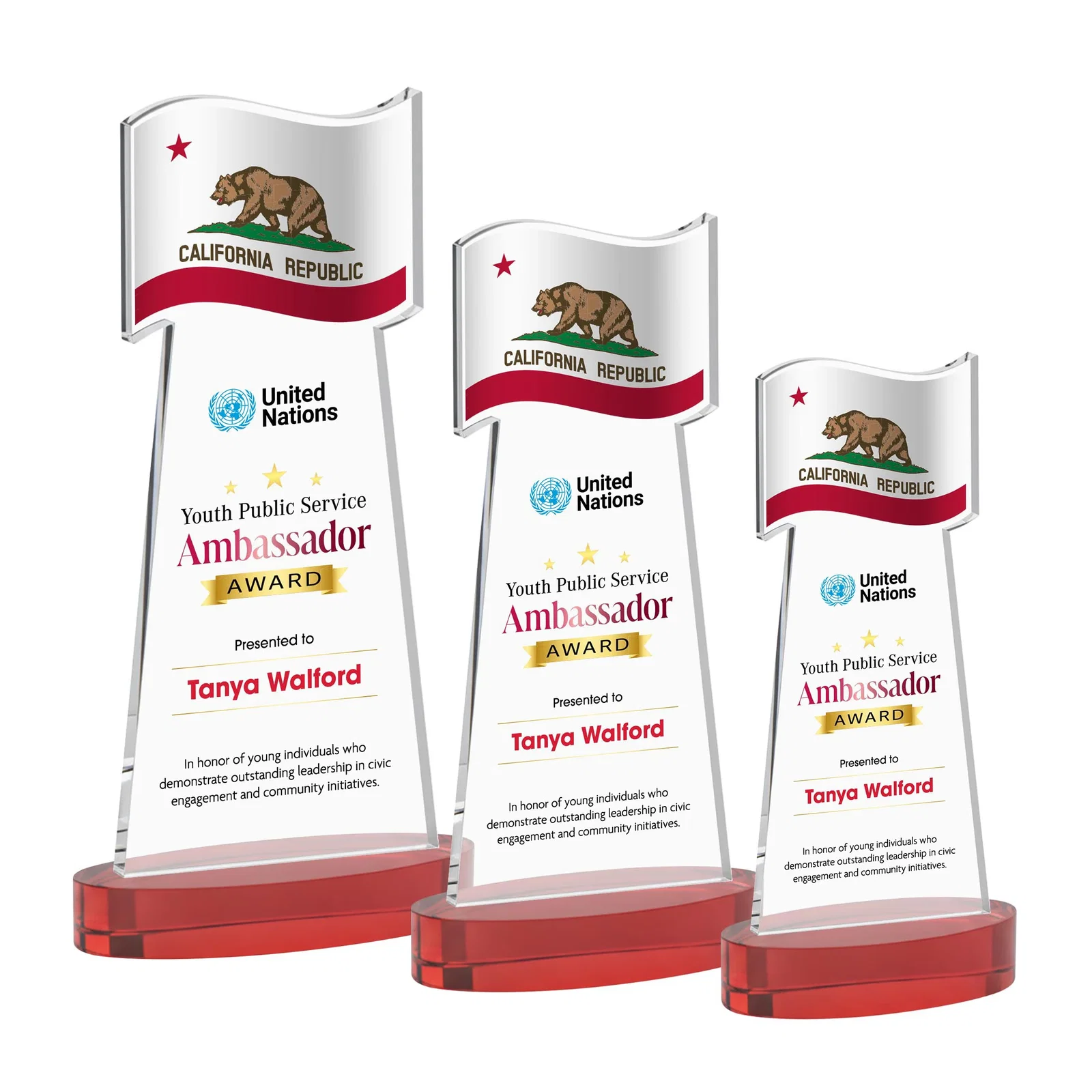Customized Starfire Crystal Award with a Flag-Shaped Cutout for sales achievement awards