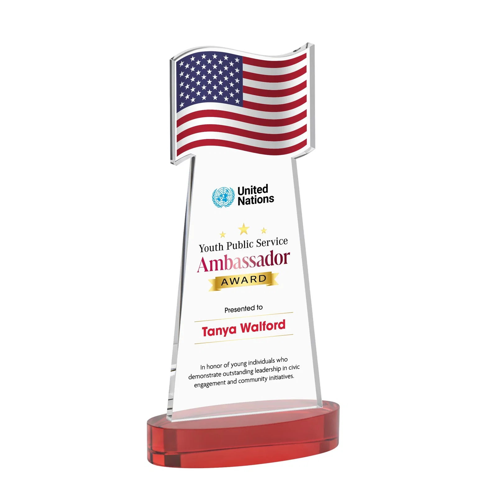 Customized Starfire Crystal Award with a Flag-Shaped Cutout for team milestone celebrations