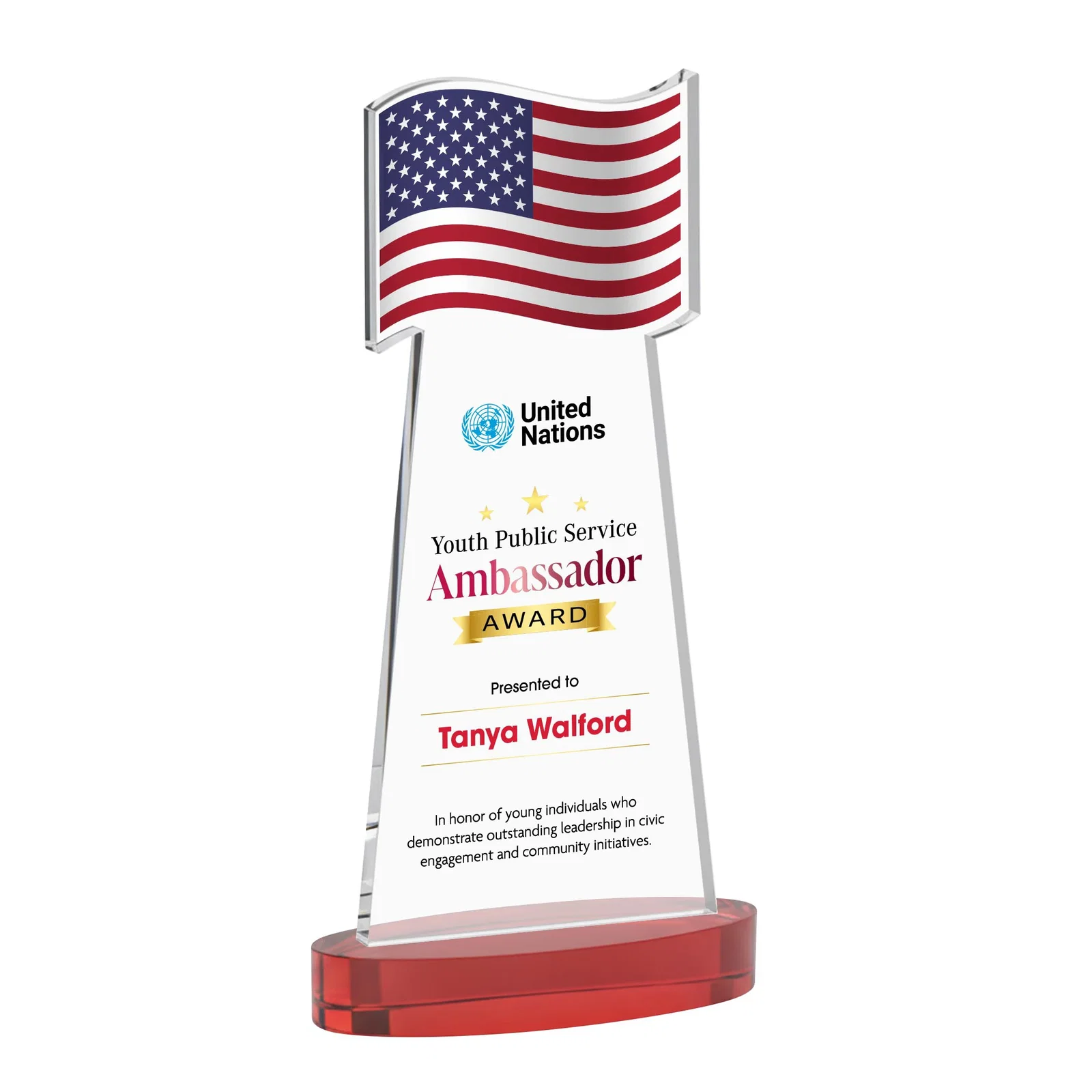 Customized Starfire Crystal Award with a Flag-Shaped Cutout for donor appreciation