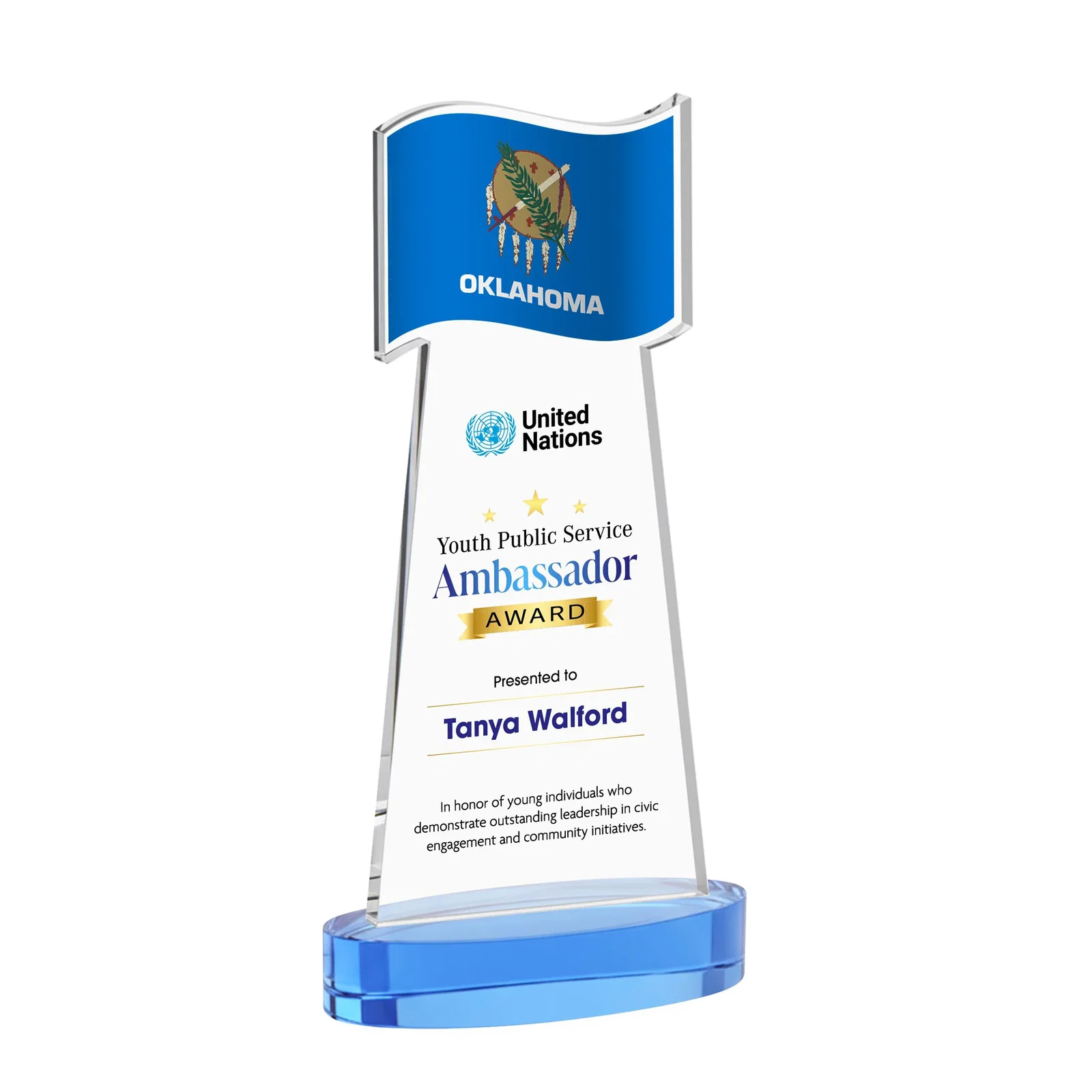 Customized Starfire Crystal Award with a Flag-Shaped Cutout for volunteer appreciation