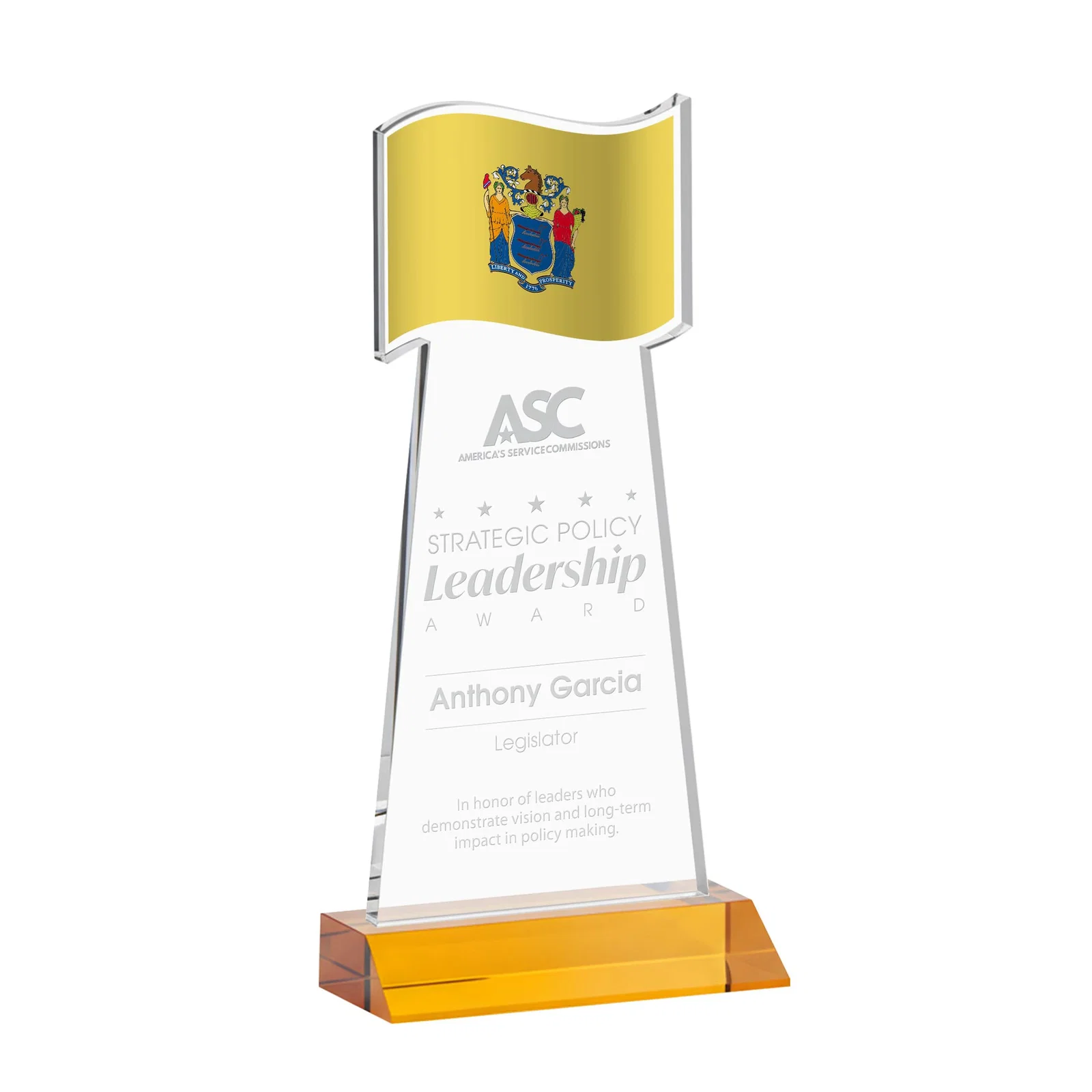 Custom Starfire Crystal Award with a Flag Cutout on a Mitered Base for volunteer appreciation