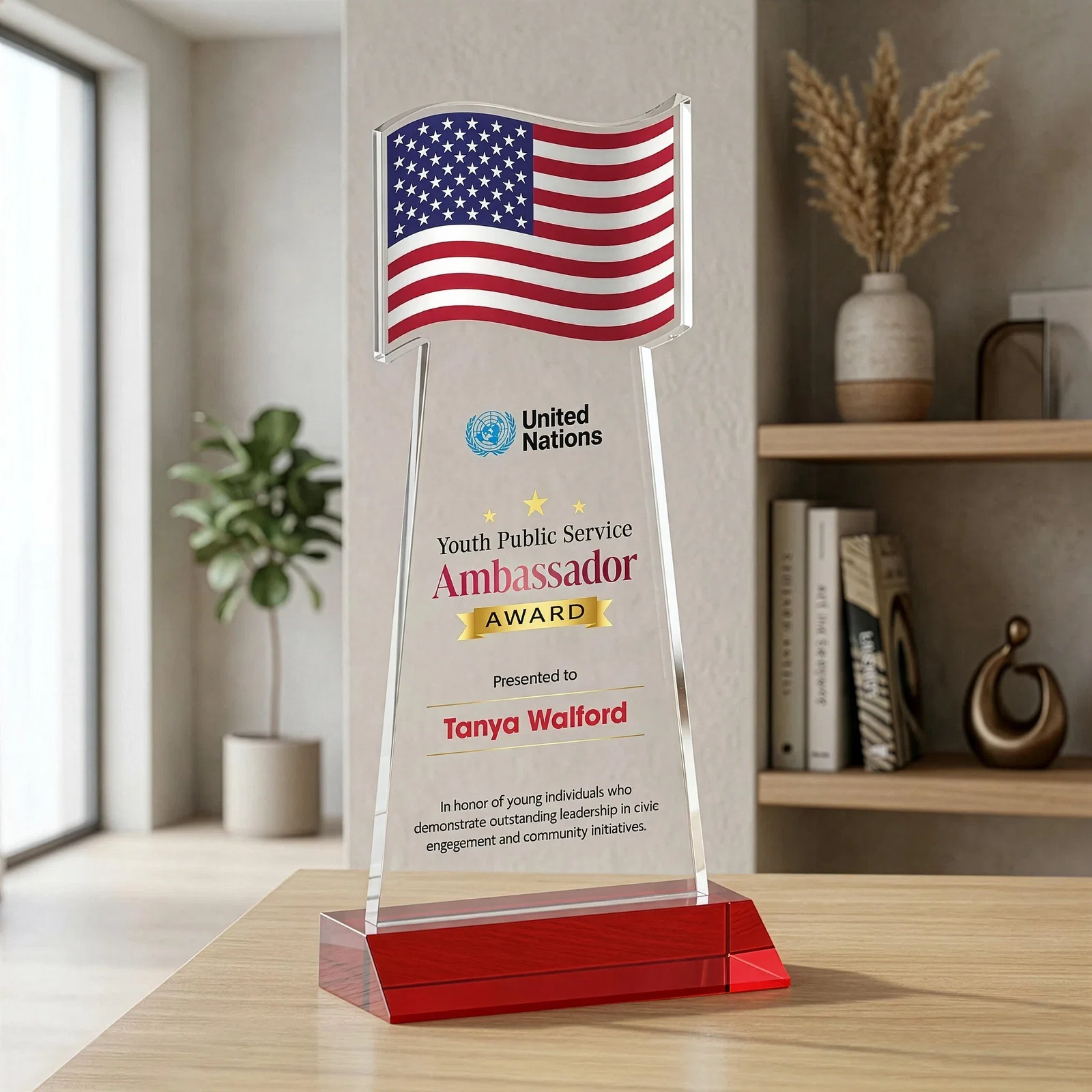 Customized Starfire Crystal Award with a Flag Cutout on a Mitered Base for company anniversary events
