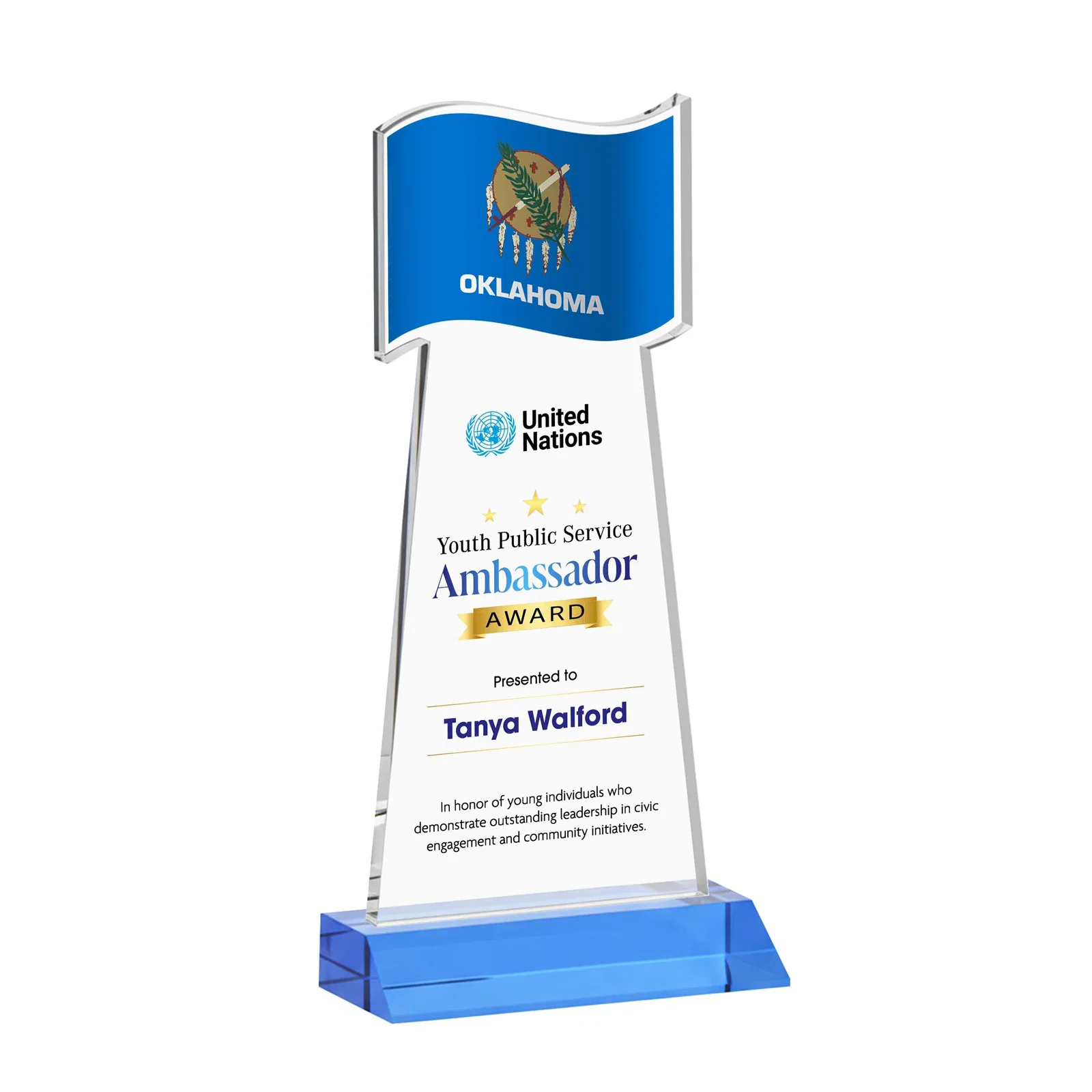 Custom engraved Starfire Crystal Award with a Flag Cutout on a Mitered Base for service anniversary gifts