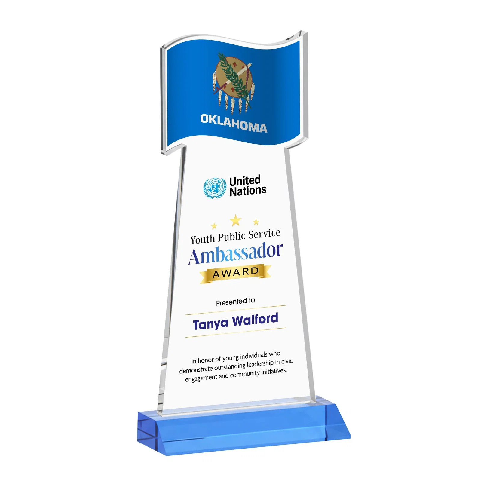 Custom engraved Starfire Crystal Award with a Flag Cutout on a Mitered Base for sales achievement awards