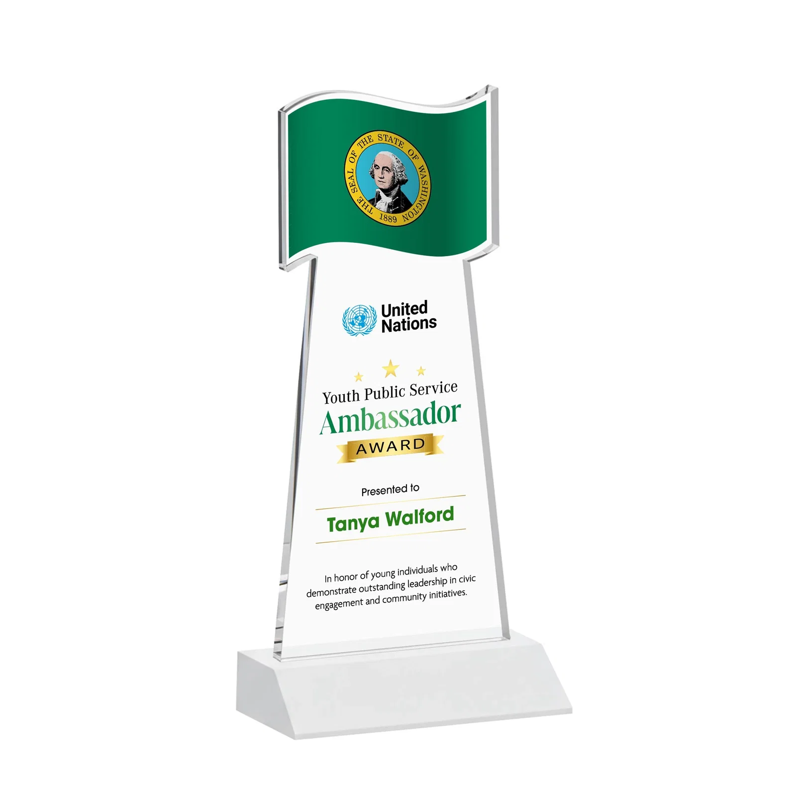 Custom engraved Starfire Crystal Award with a Flag Cutout on a Mitered Base for team milestone celebrations