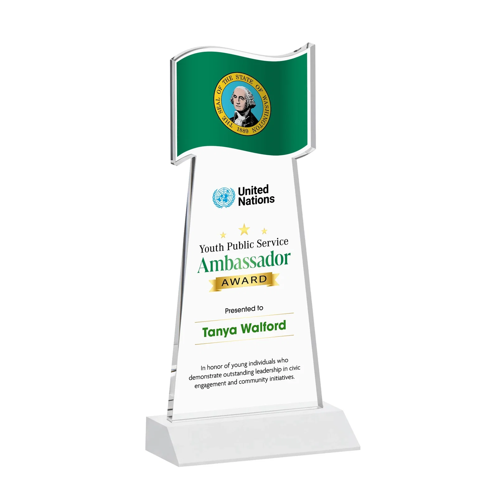 Custom engraved Starfire Crystal Award with a Flag Cutout on a Mitered Base for donor appreciation
