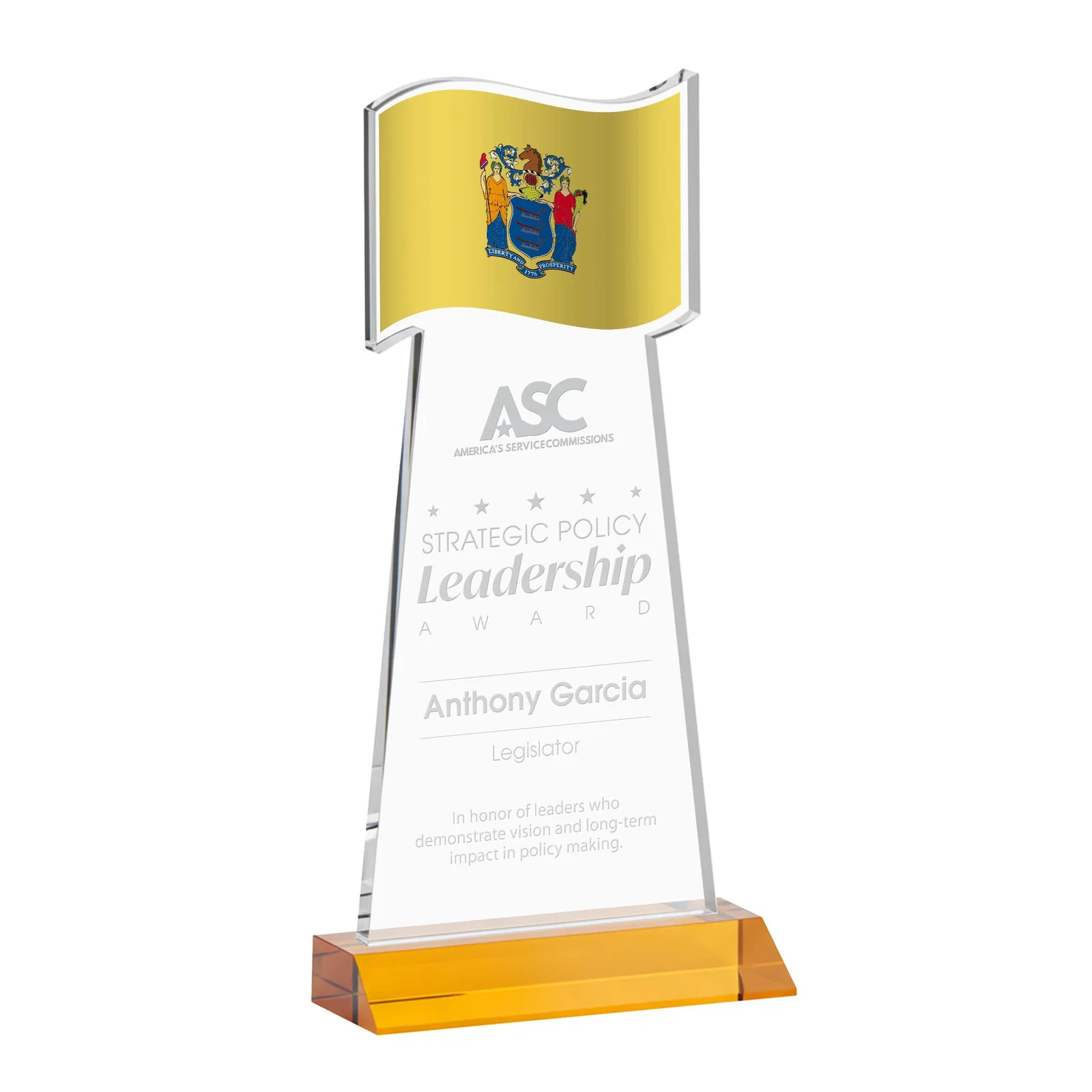 Custom Starfire Crystal Award with a Flag Cutout on a Mitered Base for dealer and partner awards