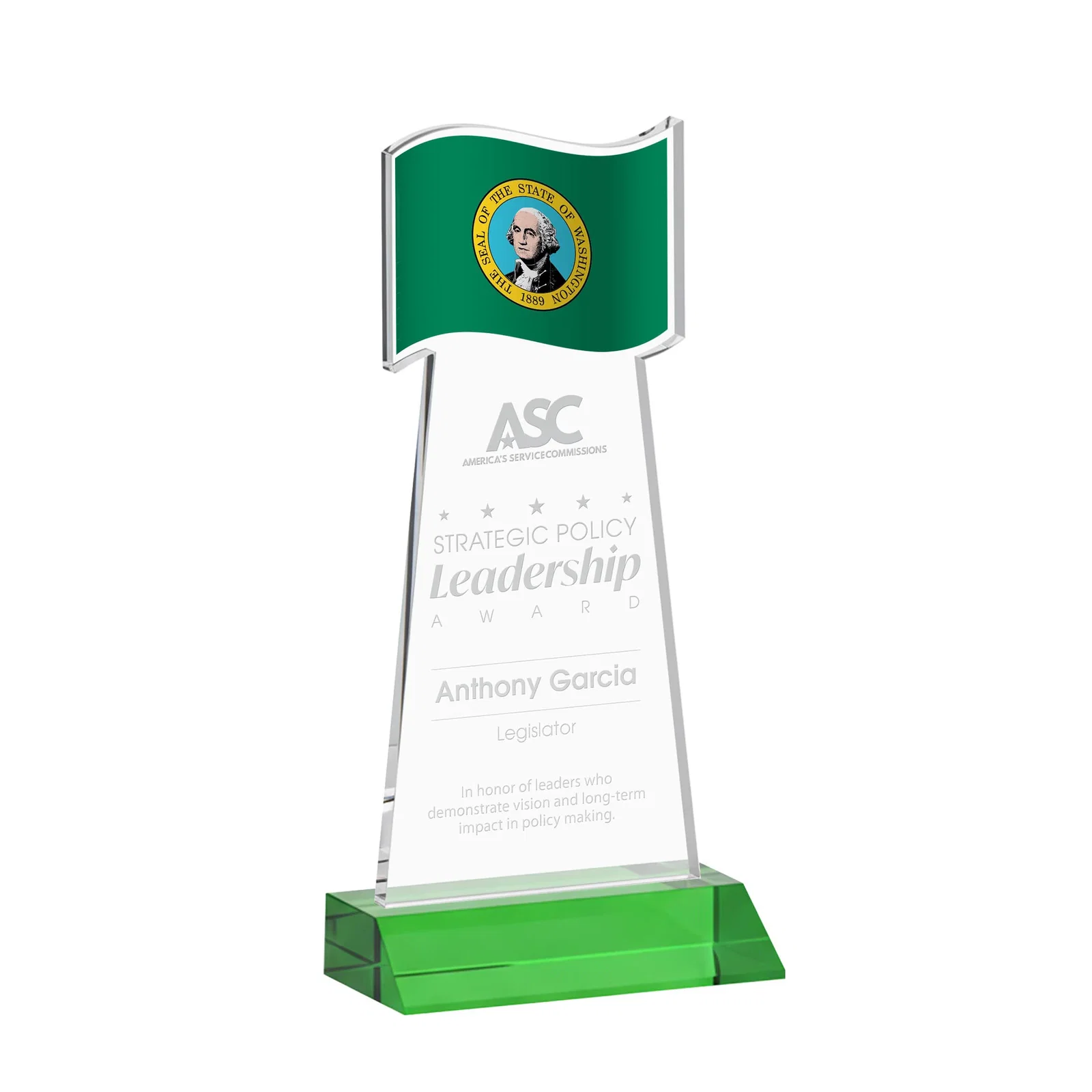 Personalized Starfire Crystal Award with a Flag Cutout on a Mitered Base for employee recognition