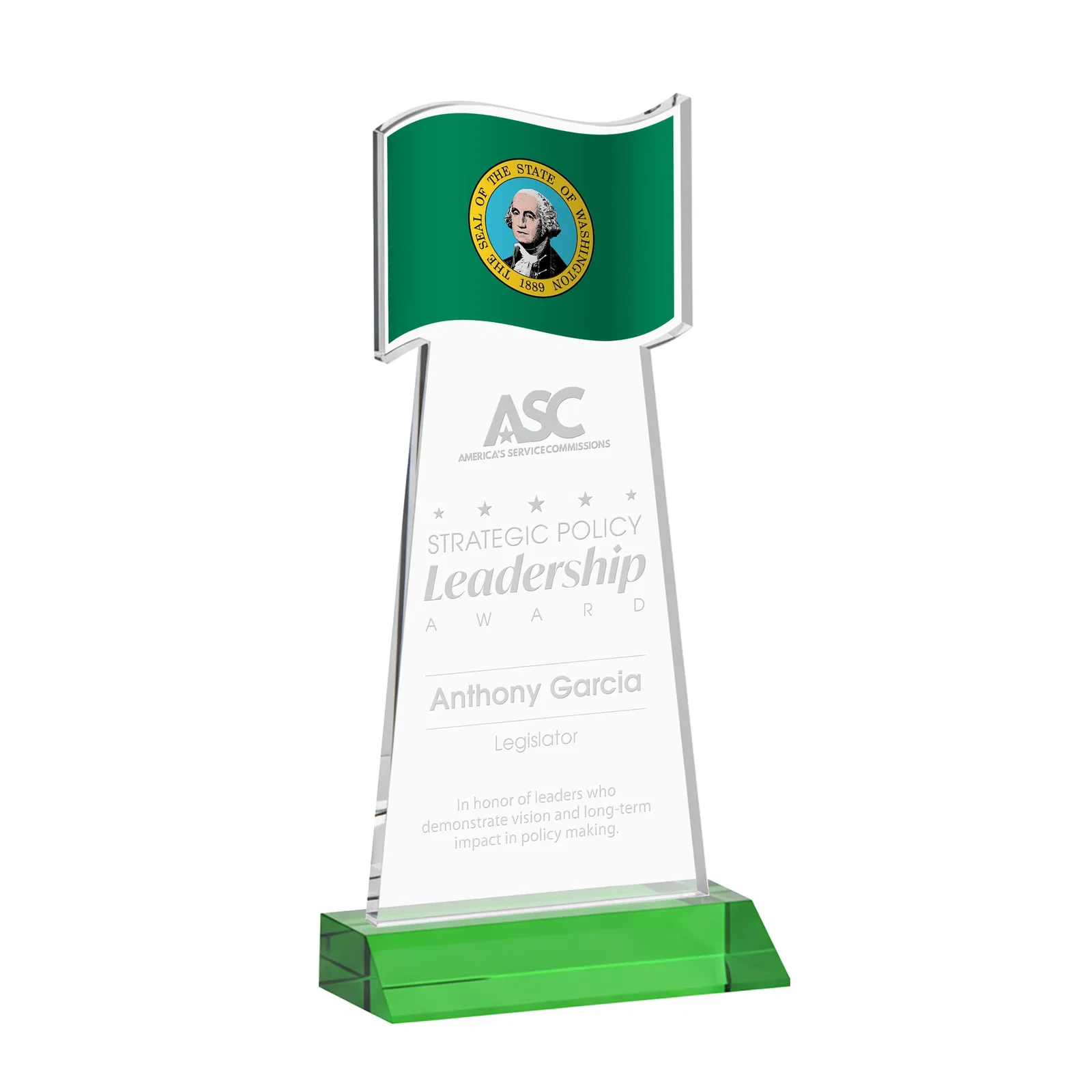 Personalized Starfire Crystal Award with a Flag Cutout on a Mitered Base for corporate award ceremonies