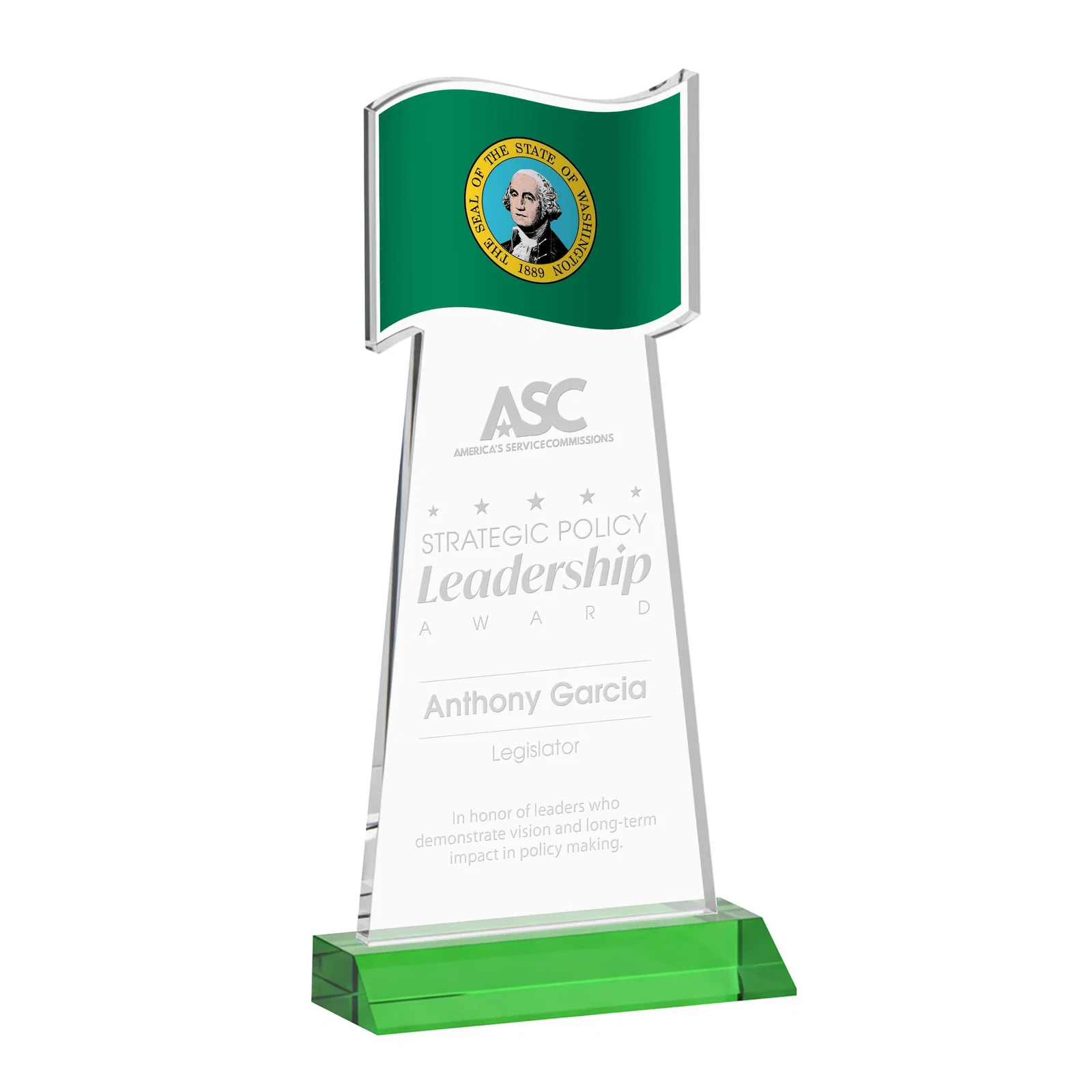 Personalized Starfire Crystal Award with a Flag Cutout on a Mitered Base for service anniversary gifts