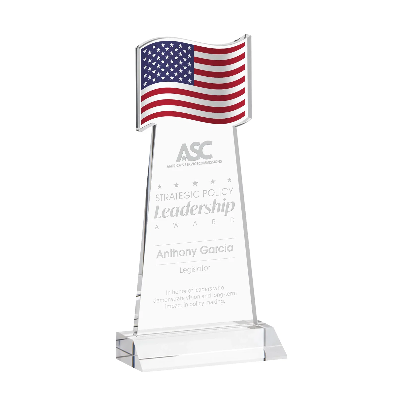 Custom Starfire Crystal Award with a Flag Cutout on a Mitered Base for corporate award ceremonies