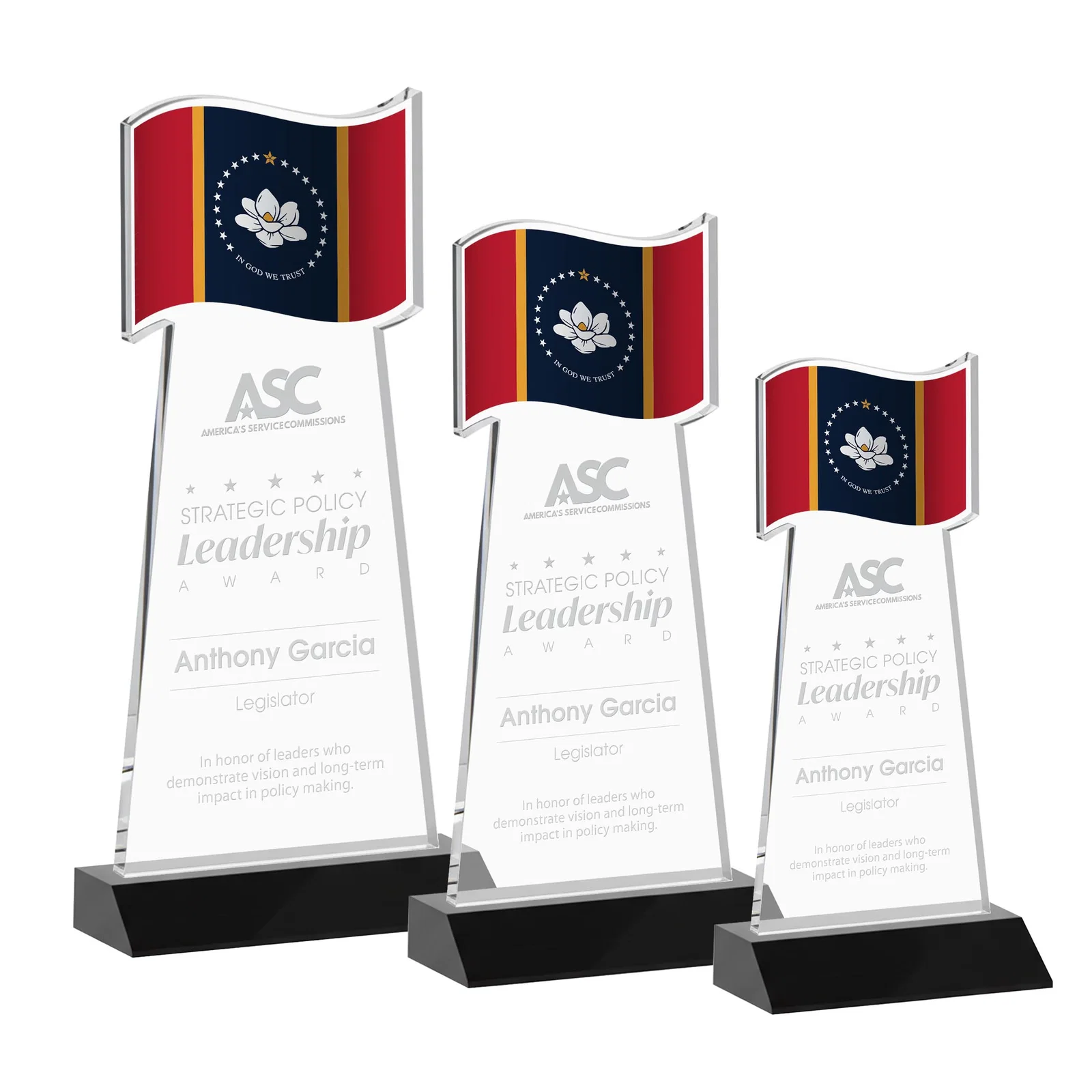 Personalized Starfire Crystal Award with a Flag Cutout on a Mitered Base for sales achievement awards