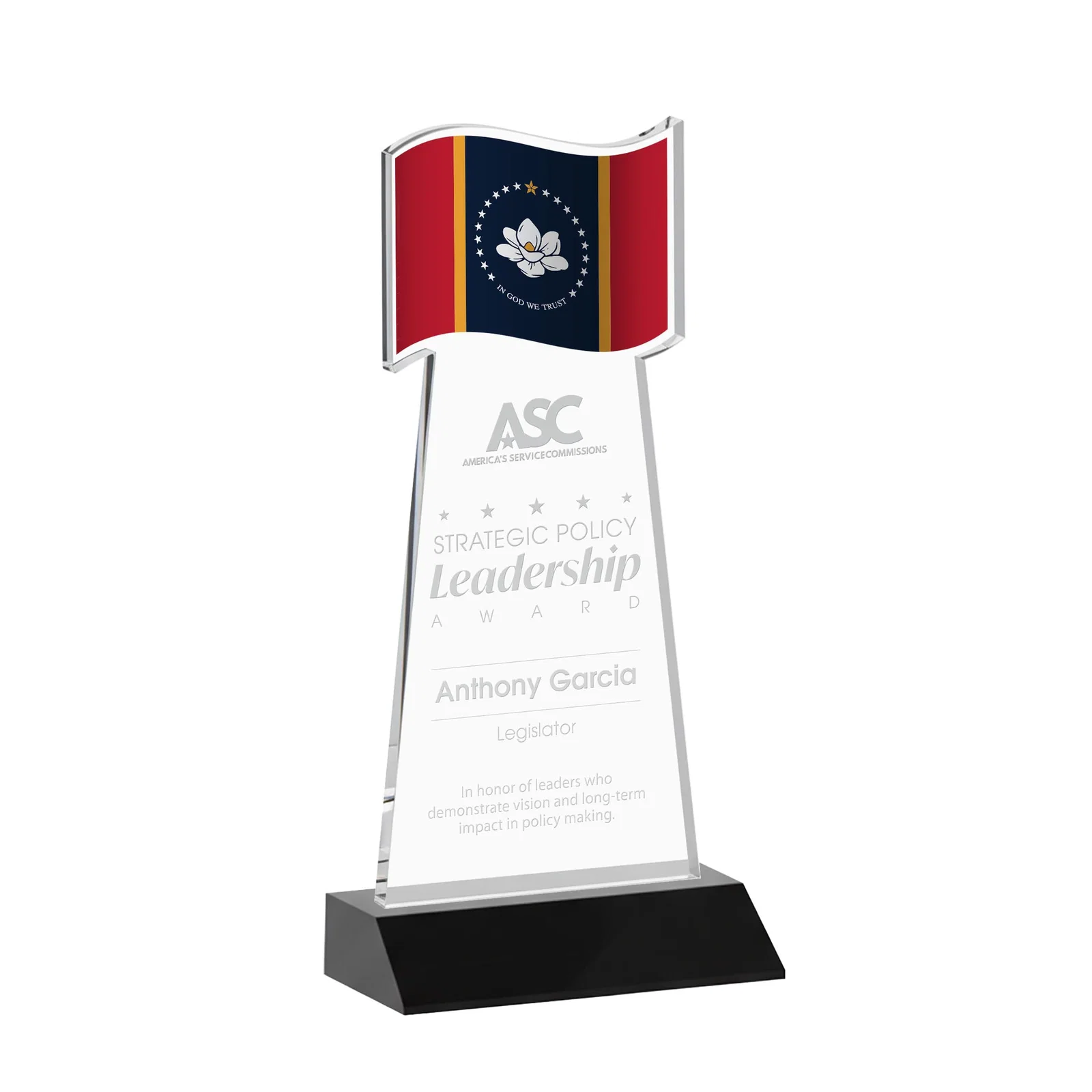 Personalized Starfire Crystal Award with a Flag Cutout on a Mitered Base for retirement presentations