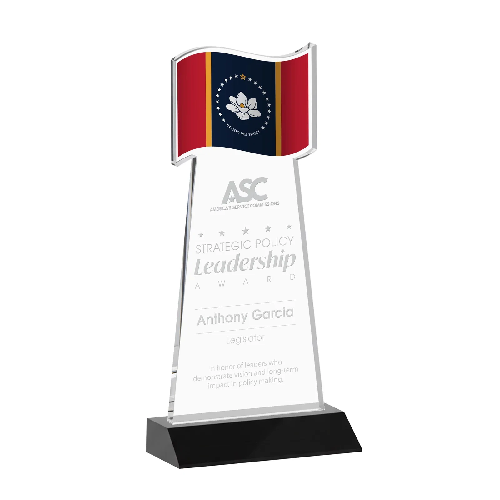 Personalized Starfire Crystal Award with a Flag Cutout on a Mitered Base for team milestone celebrations