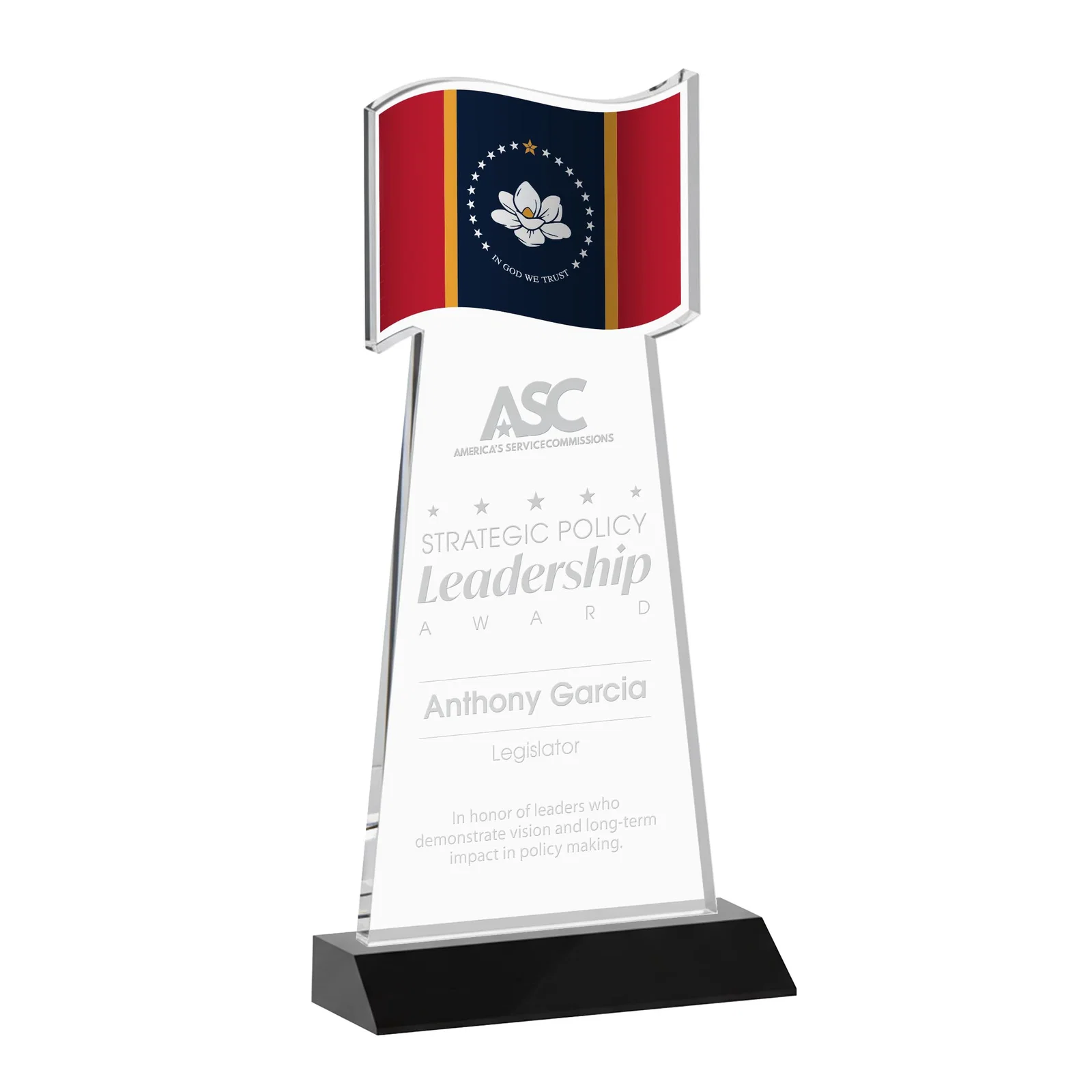 Personalized Starfire Crystal Award with a Flag Cutout on a Mitered Base for donor appreciation