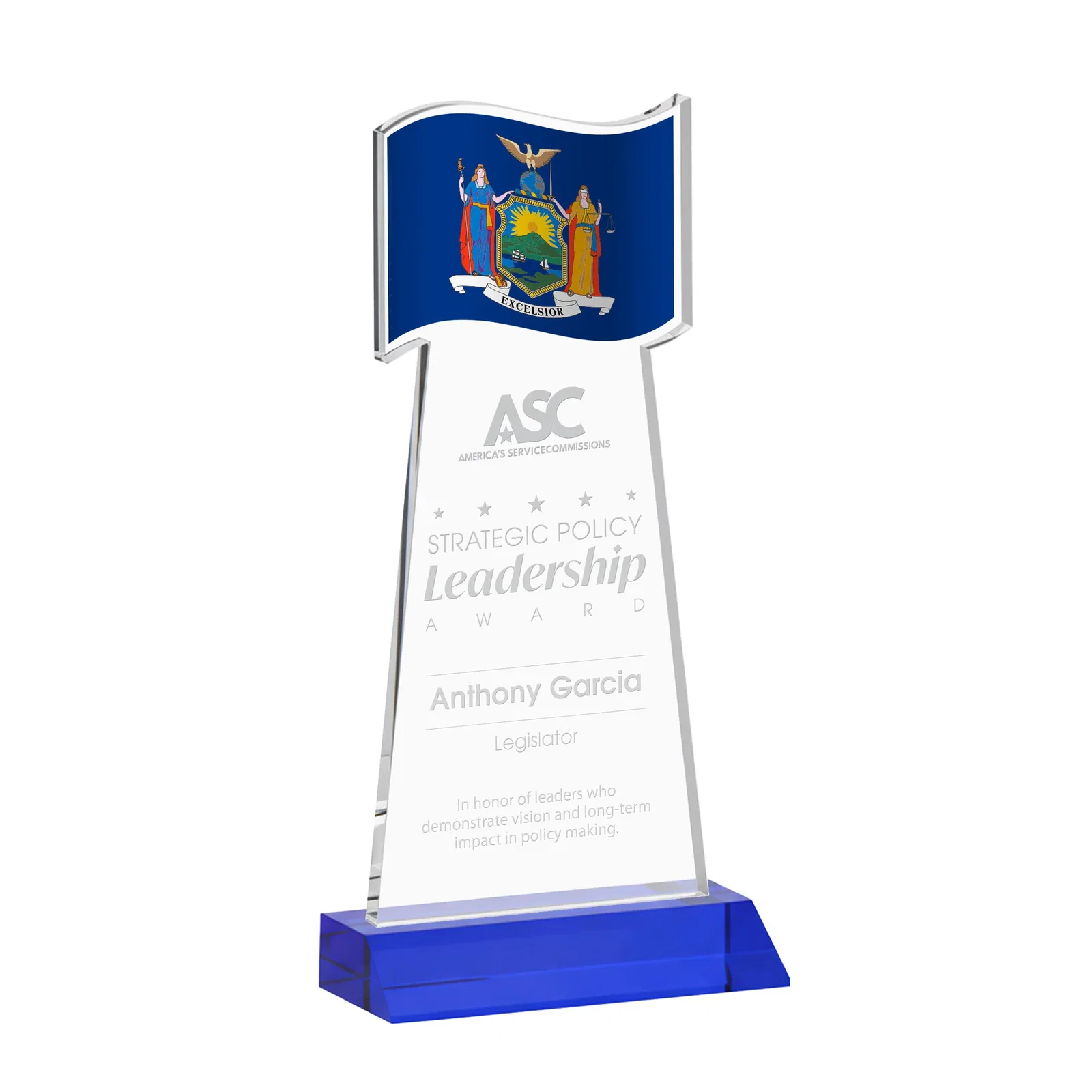 Personalized Starfire Crystal Award with a Flag Cutout on a Mitered Base for volunteer appreciation