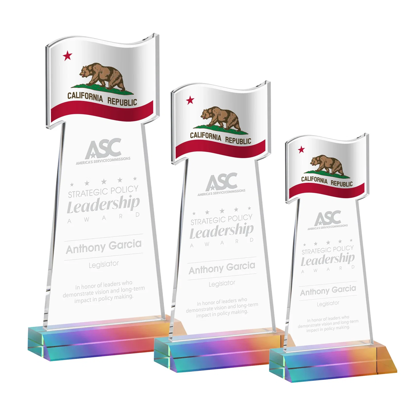 Personalized Starfire Crystal Award with a Flag Cutout on a Mitered Base for company anniversary events