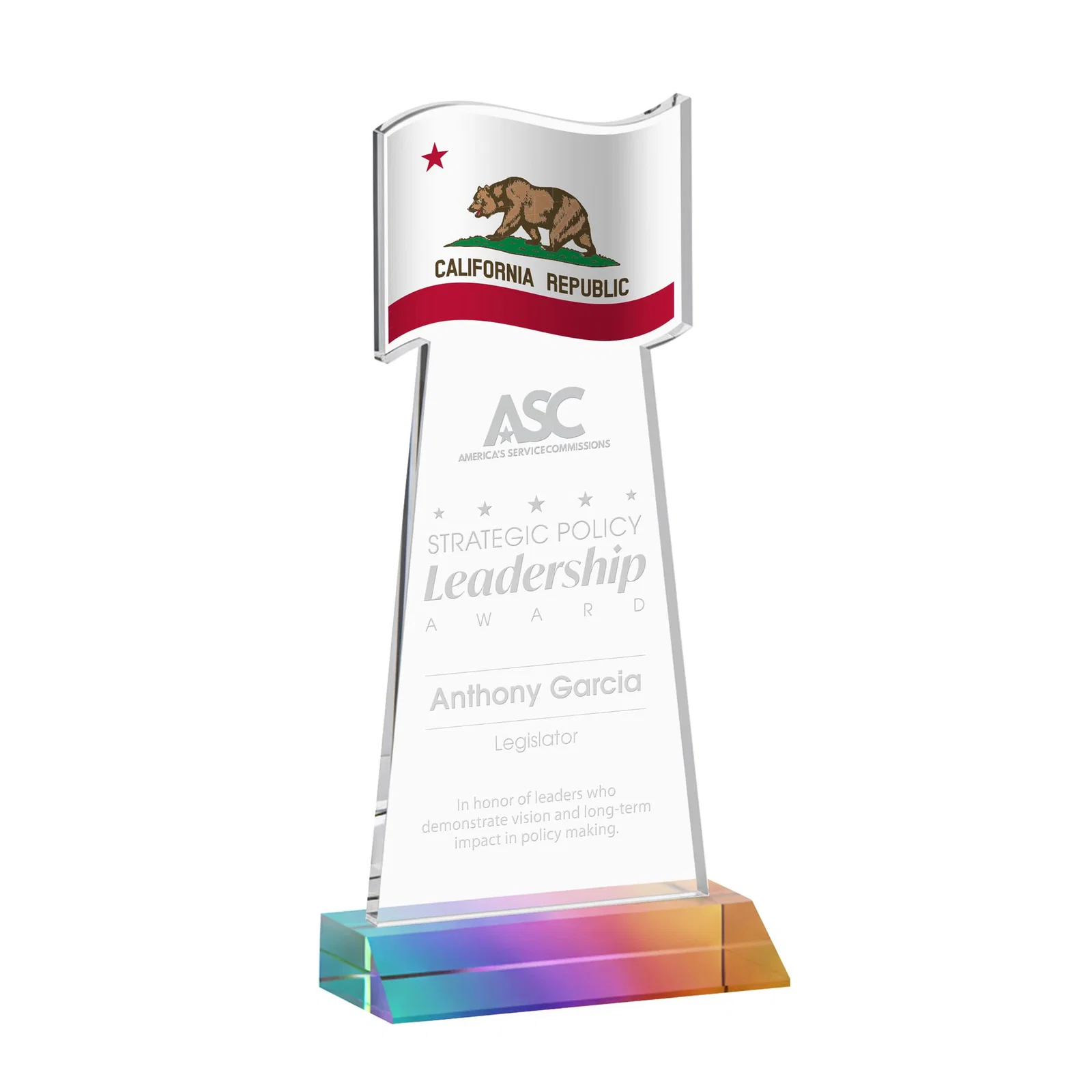 Promotional Starfire Crystal Award with a Flag Cutout on a Mitered Base for employee recognition