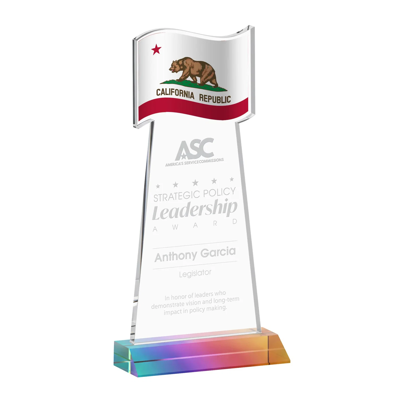 Promotional Starfire Crystal Award with a Flag Cutout on a Mitered Base for corporate award ceremonies