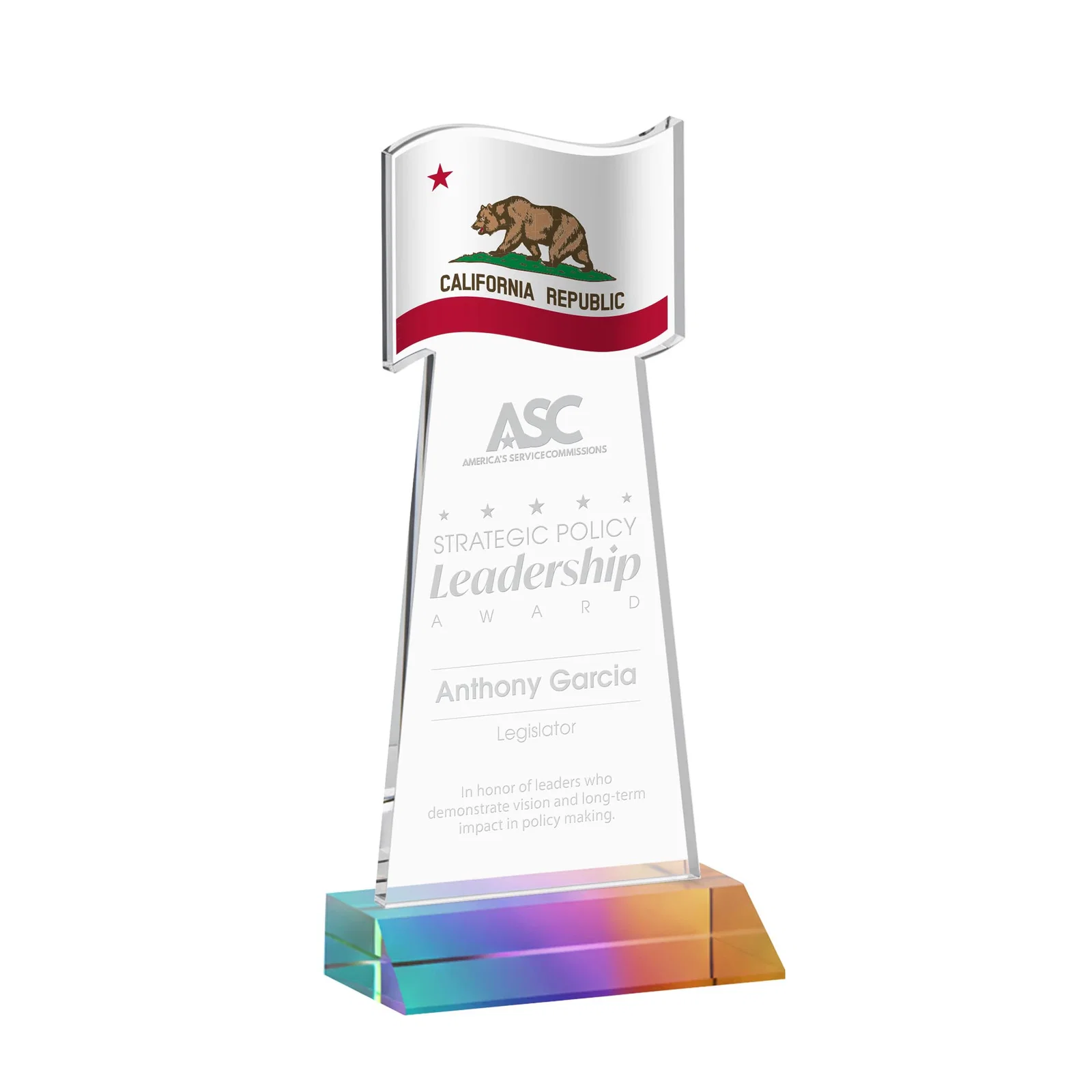 Promotional Starfire Crystal Award with a Flag Cutout on a Mitered Base for service anniversary gifts