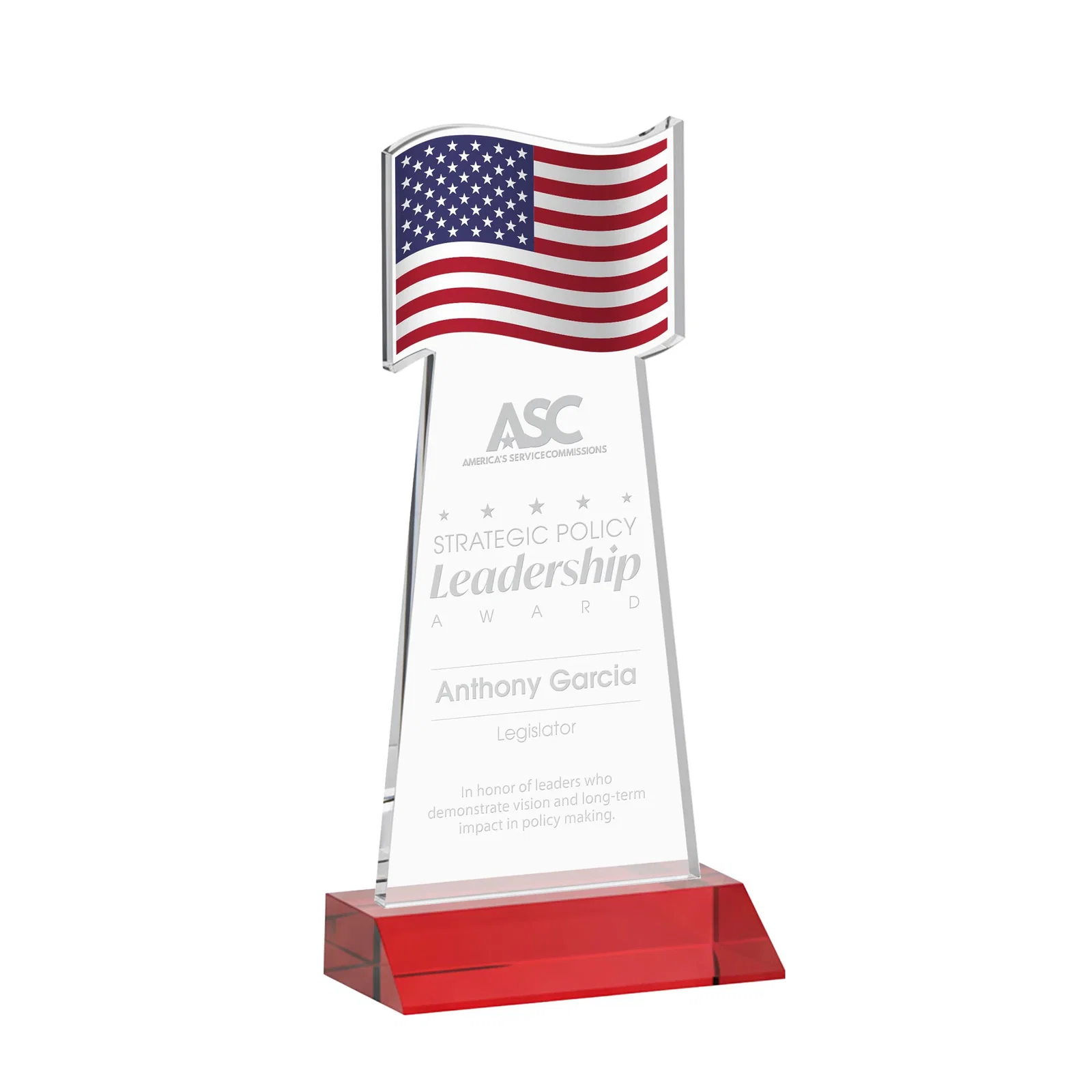 Promotional Starfire Crystal Award with a Flag Cutout on a Mitered Base for retirement presentations