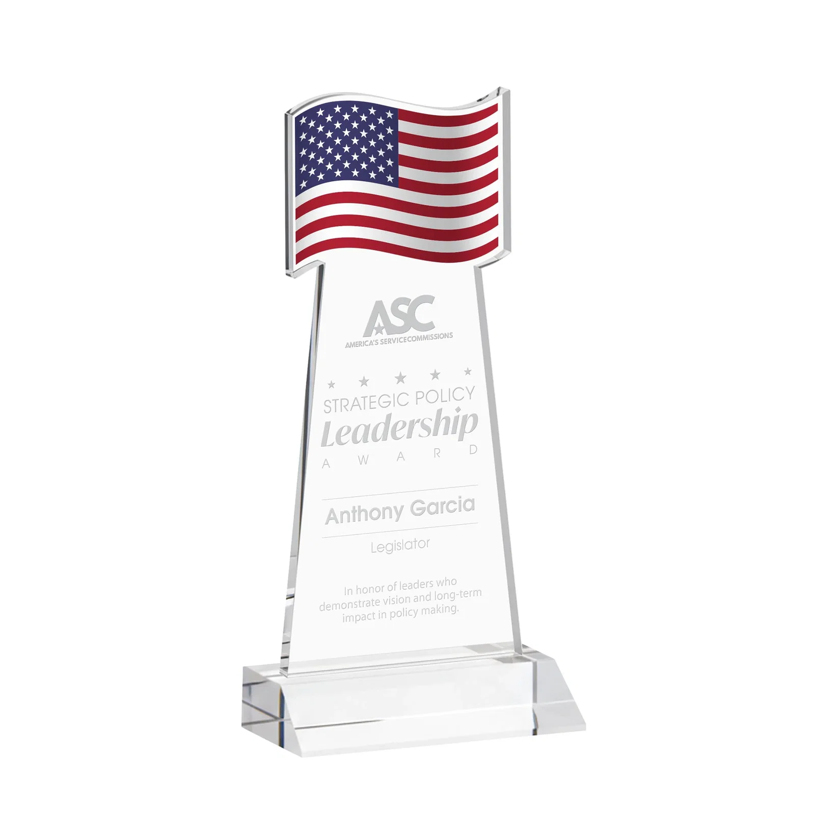 Custom Starfire Crystal Award with a Flag Cutout on a Mitered Base for sales achievement awards