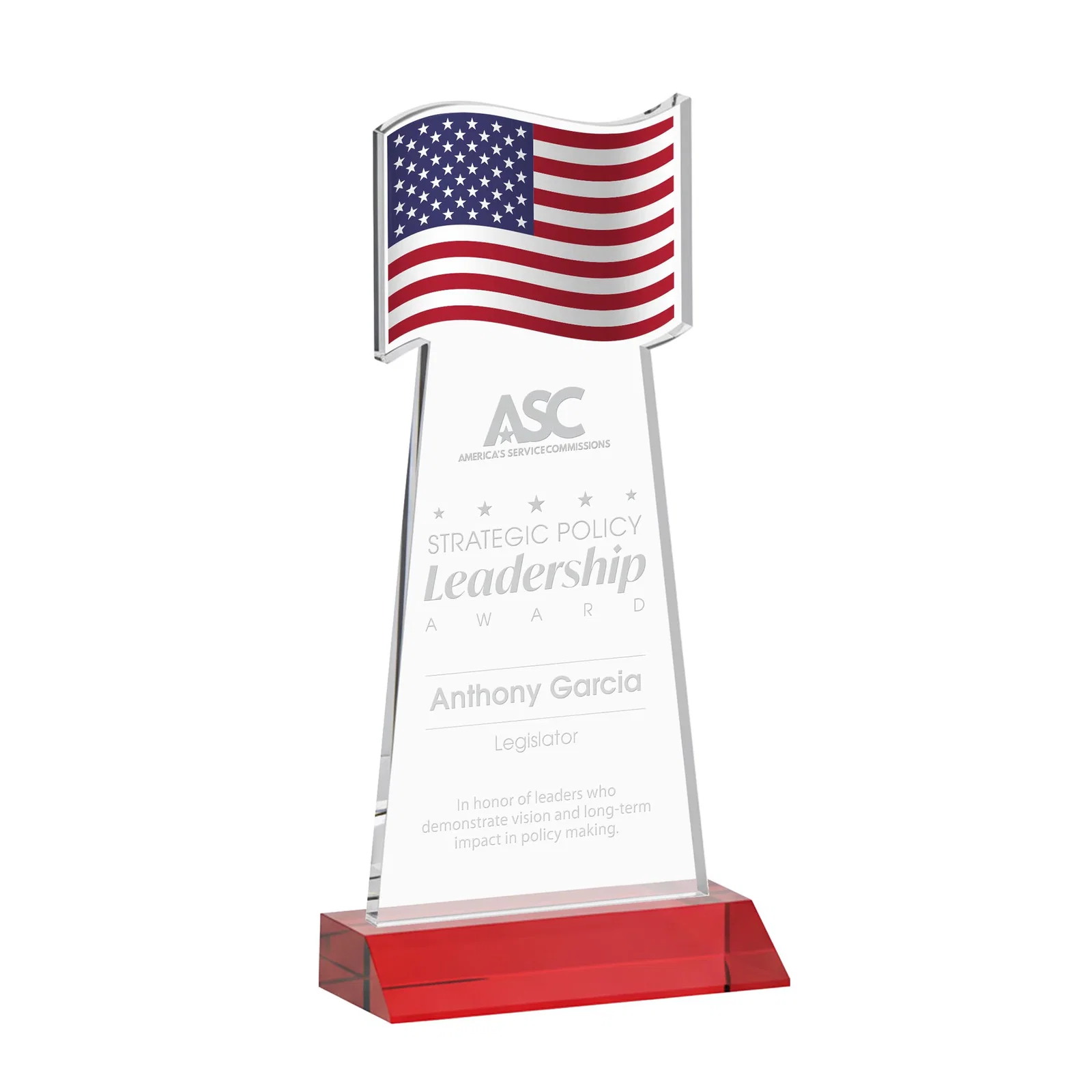 Promotional Starfire Crystal Award with a Flag Cutout on a Mitered Base for team milestone celebrations