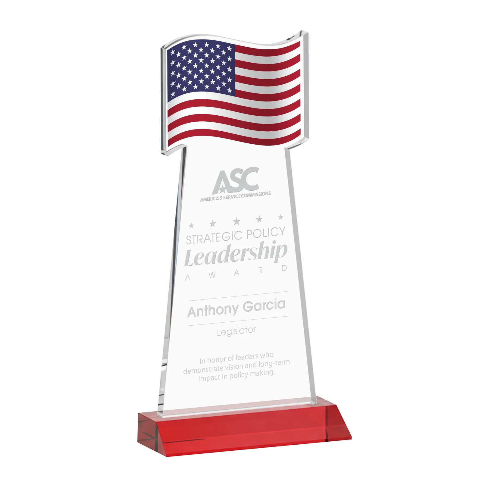 Promotional Starfire Crystal Award with a Flag Cutout on a Mitered Base for donor appreciation