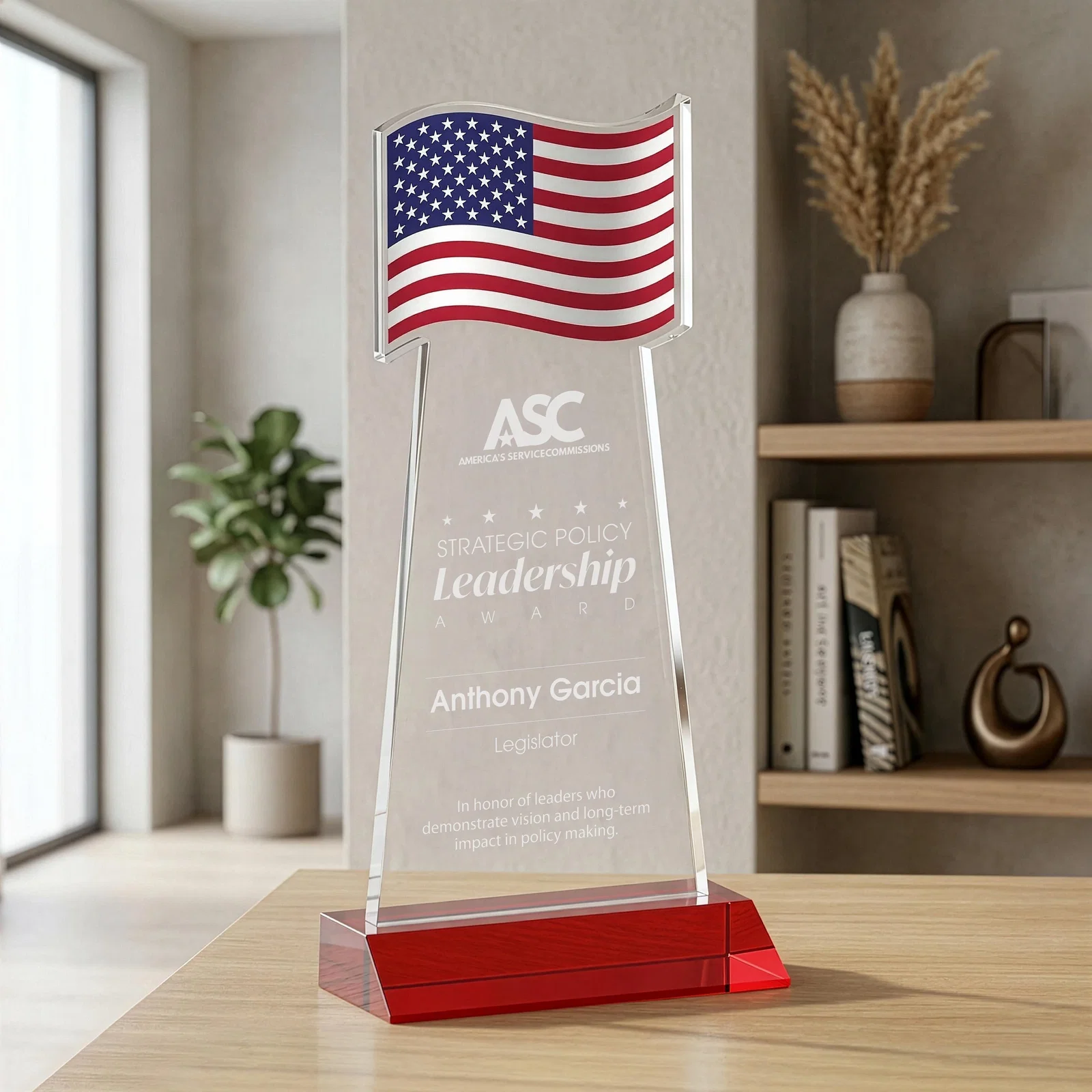 Promotional Starfire Crystal Award with a Flag Cutout on a Mitered Base for graduation ceremonies