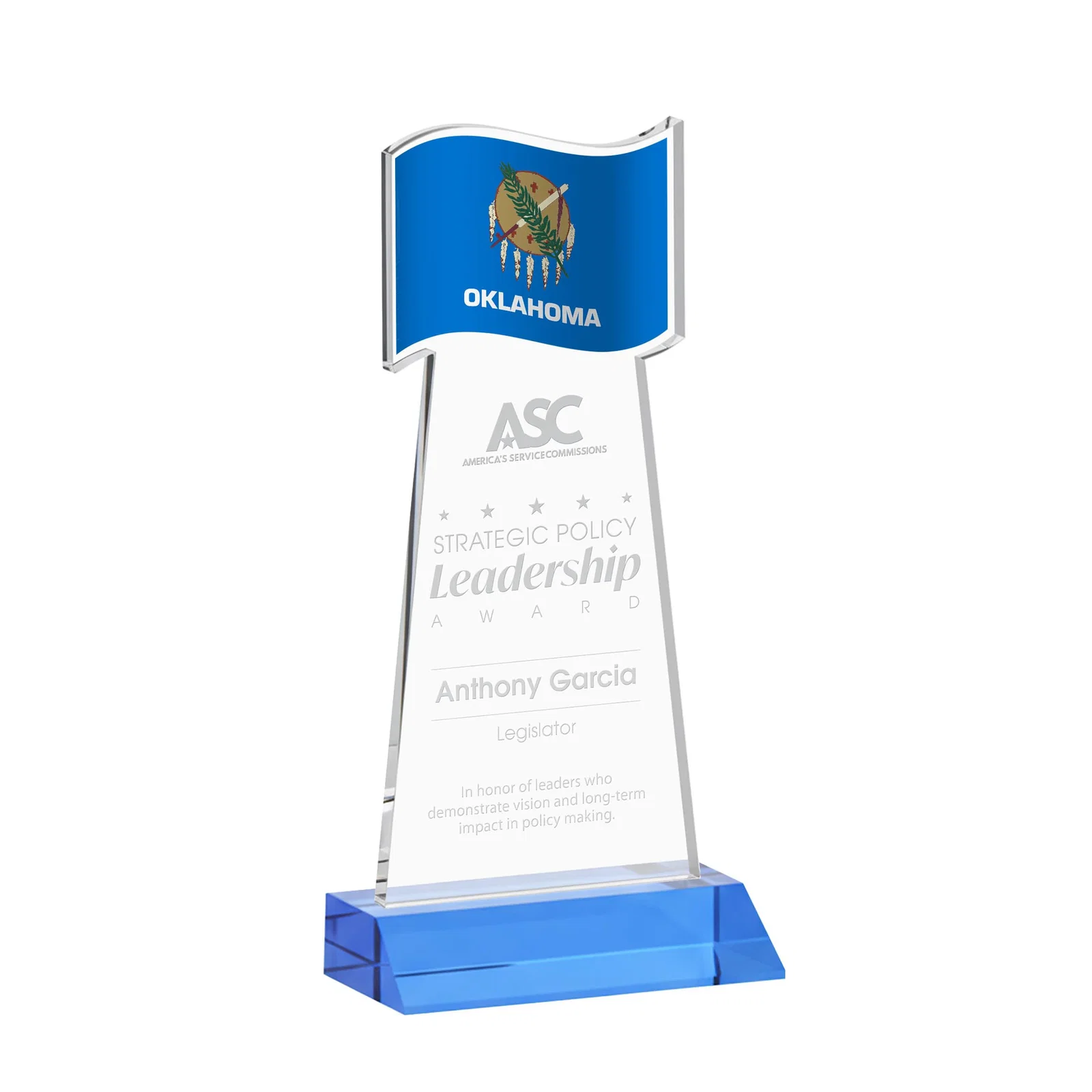 Promotional Starfire Crystal Award with a Flag Cutout on a Mitered Base for volunteer appreciation