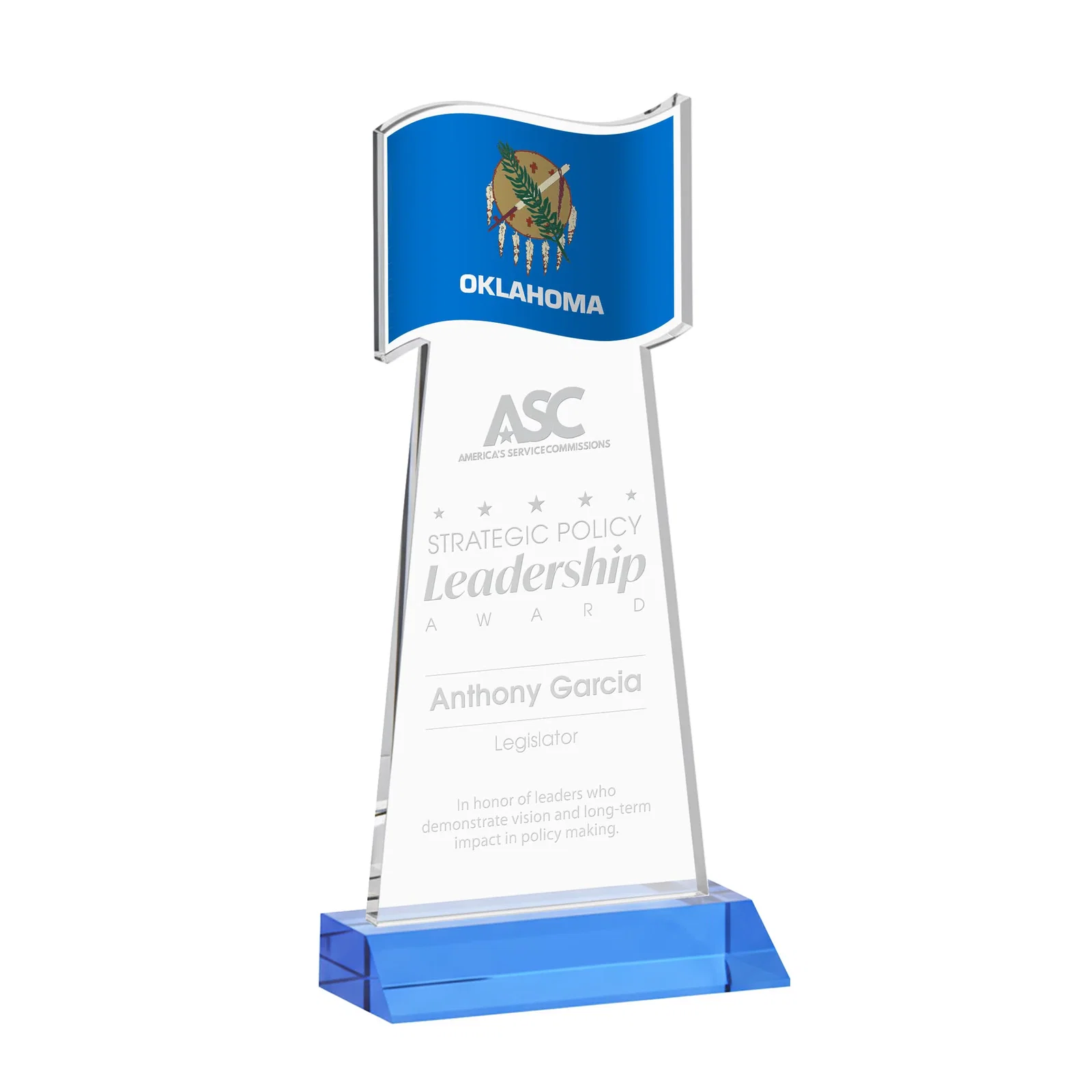 Promotional Starfire Crystal Award with a Flag Cutout on a Mitered Base for dealer and partner awards