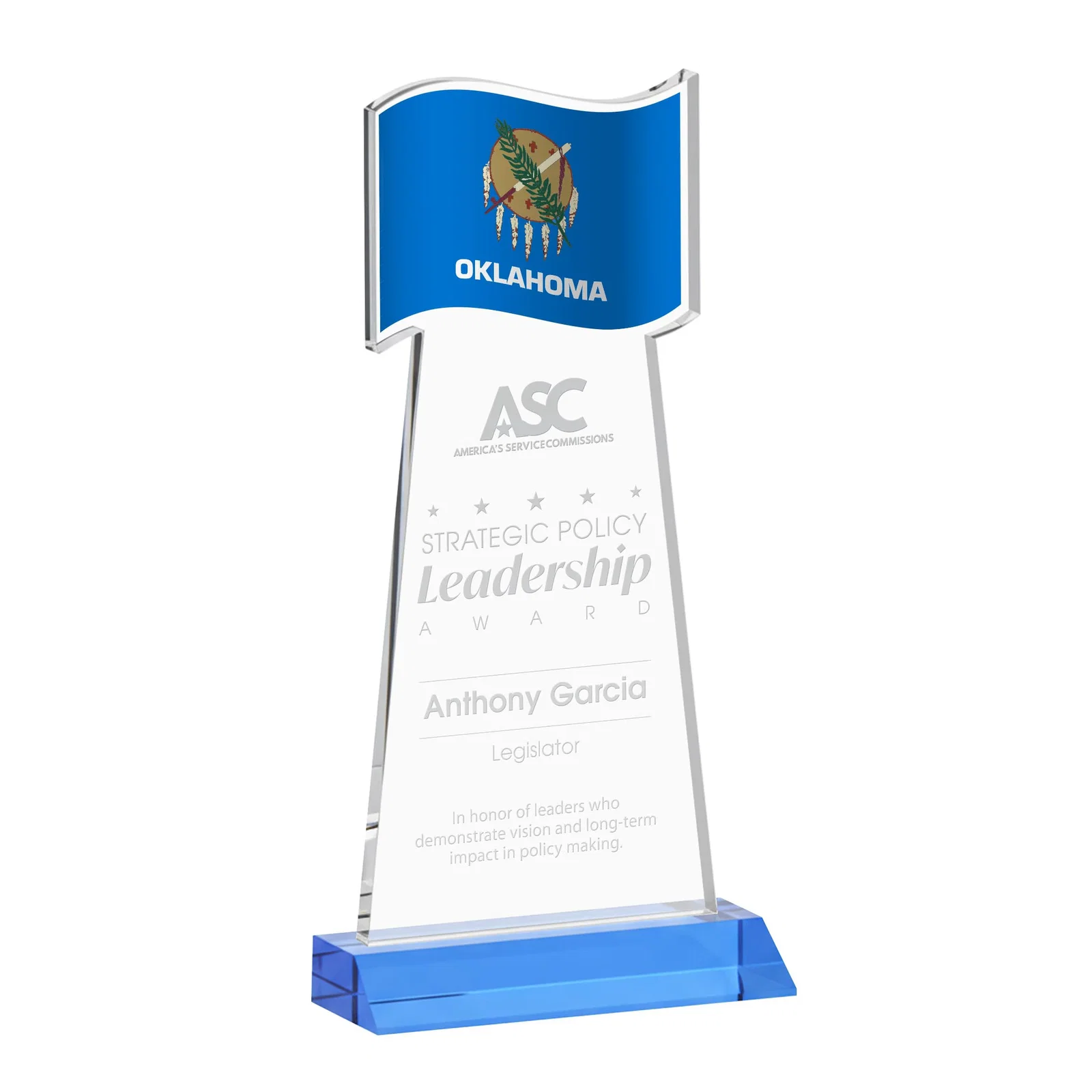 Promotional Starfire Crystal Award with a Flag Cutout on a Mitered Base for company anniversary events