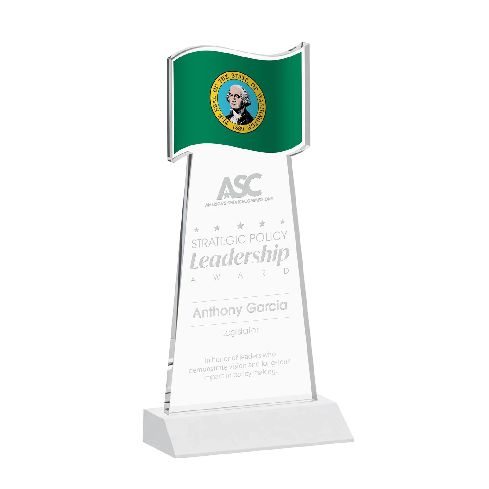 Branded Starfire Crystal Award with a Flag Cutout on a Mitered Base for service anniversary gifts