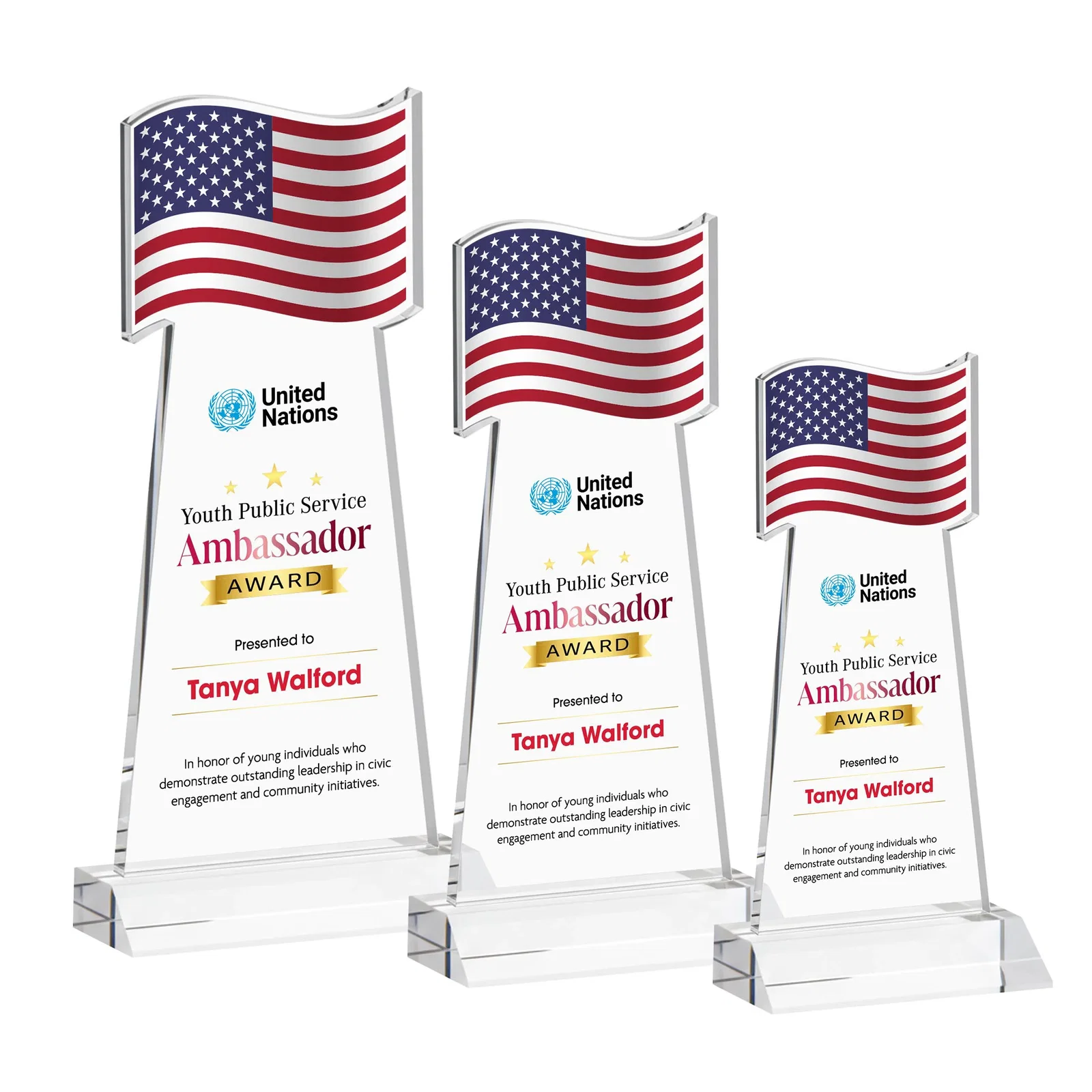 Branded Starfire Crystal Award with a Flag Cutout on a Mitered Base for retirement presentations