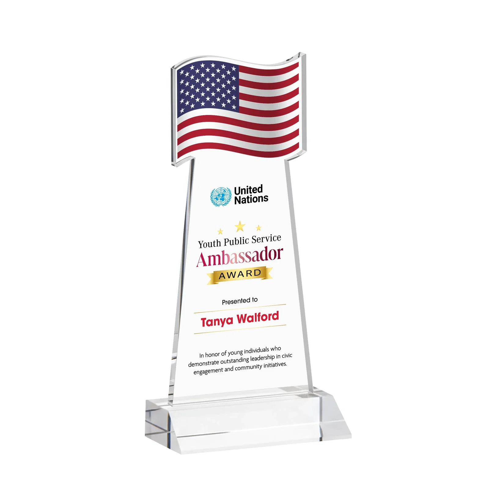 Branded Starfire Crystal Award with a Flag Cutout on a Mitered Base for team milestone celebrations