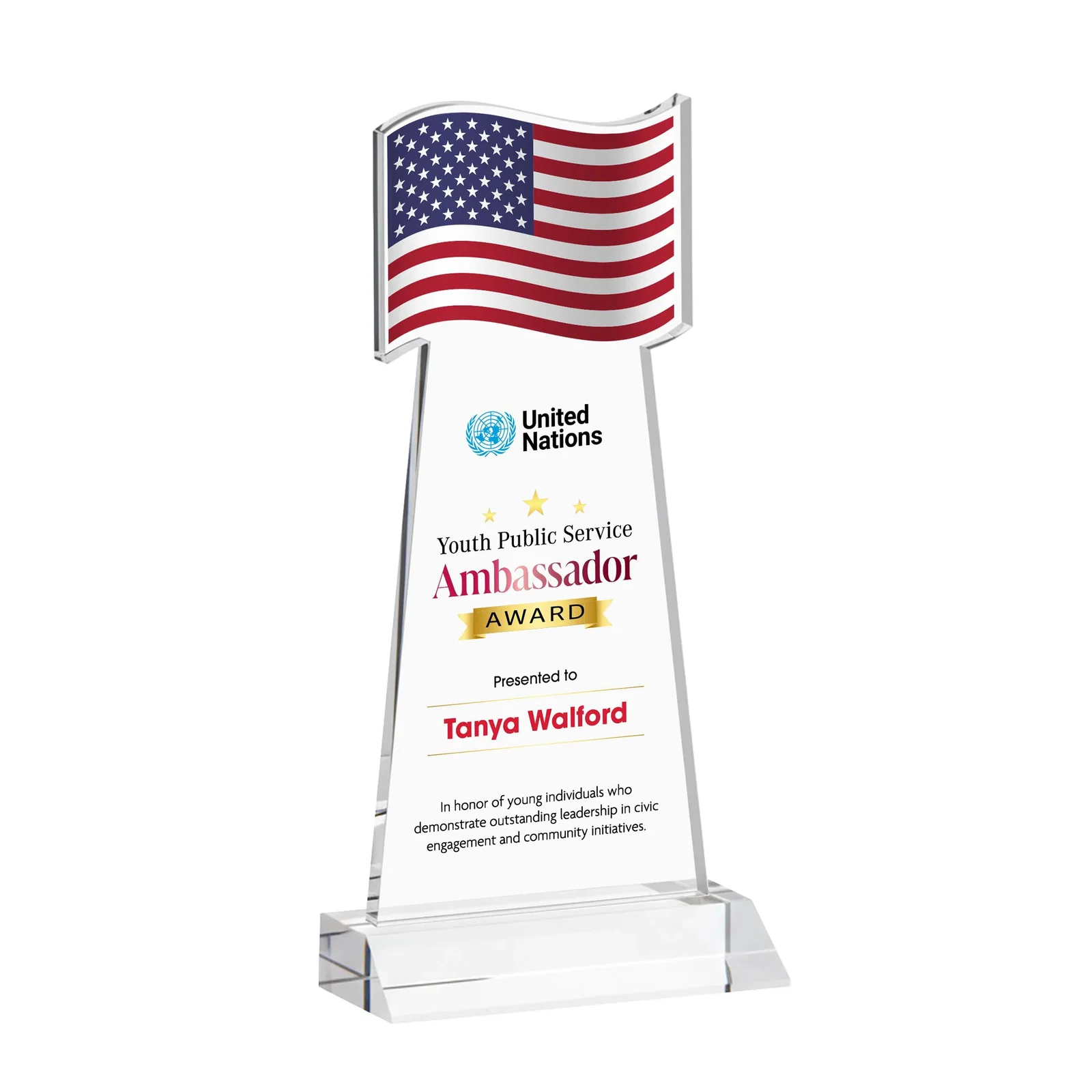 Branded Starfire Crystal Award with a Flag Cutout on a Mitered Base for donor appreciation