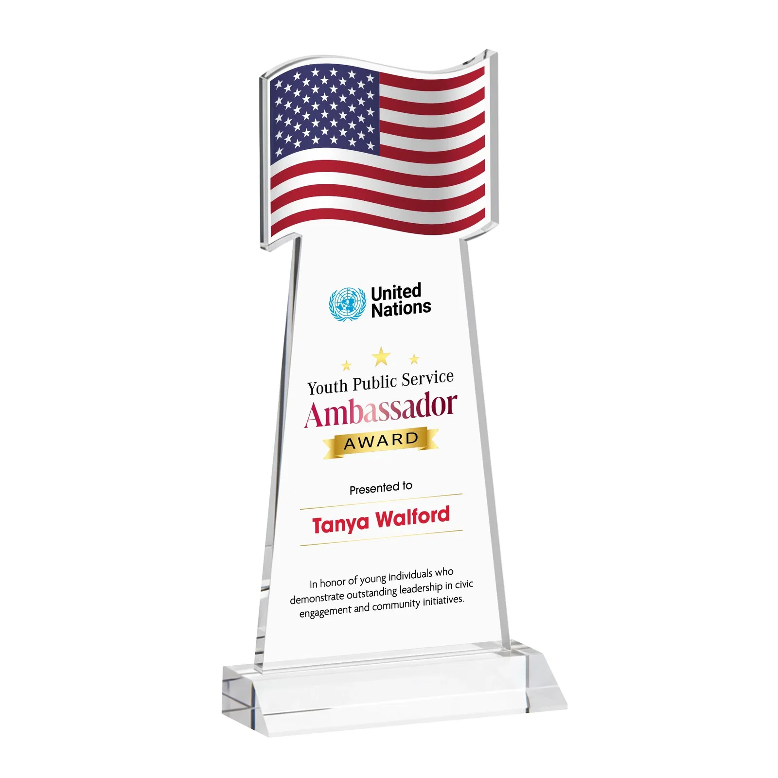 Branded Starfire Crystal Award with a Flag Cutout on a Mitered Base for graduation ceremonies