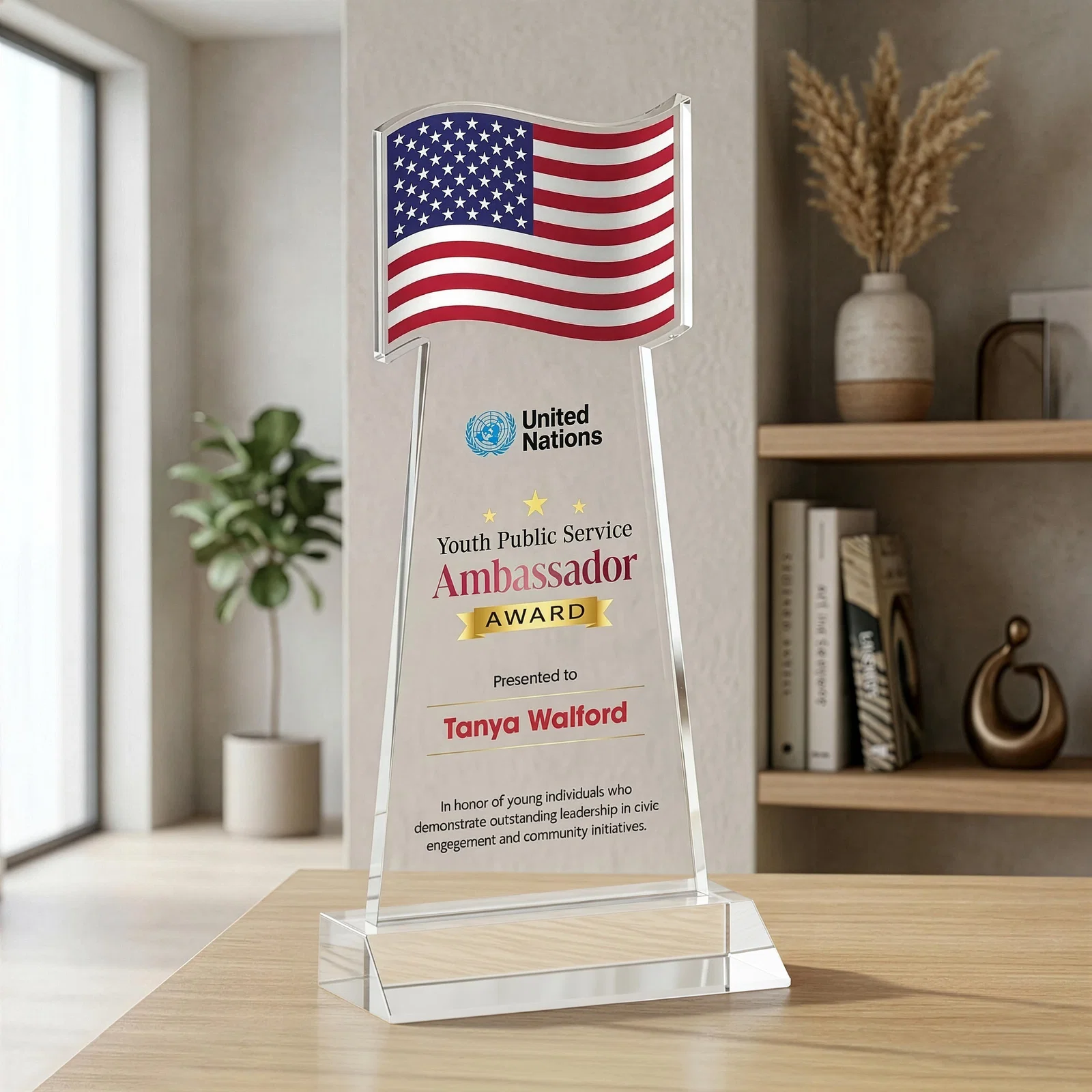 Branded Starfire Crystal Award with a Flag Cutout on a Mitered Base for volunteer appreciation