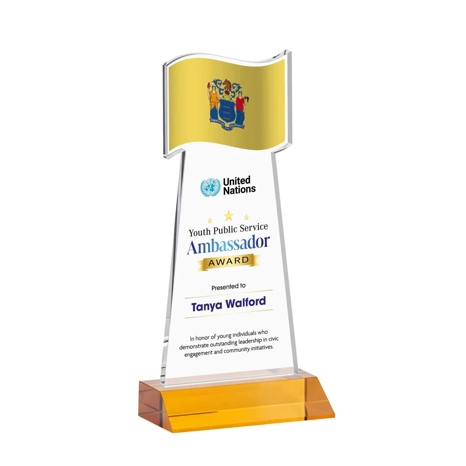 Branded Starfire Crystal Award with a Flag Cutout on a Mitered Base for company anniversary events