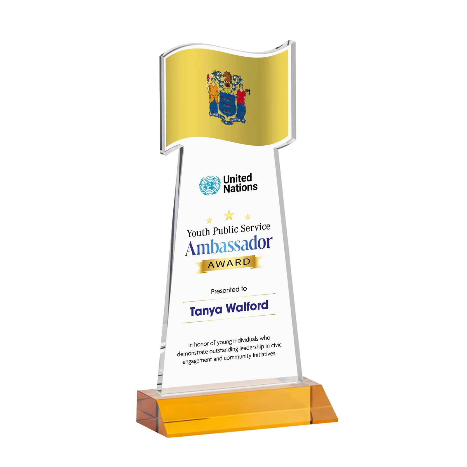 Custom printed Starfire Crystal Award with a Flag Cutout on a Mitered Base for employee recognition