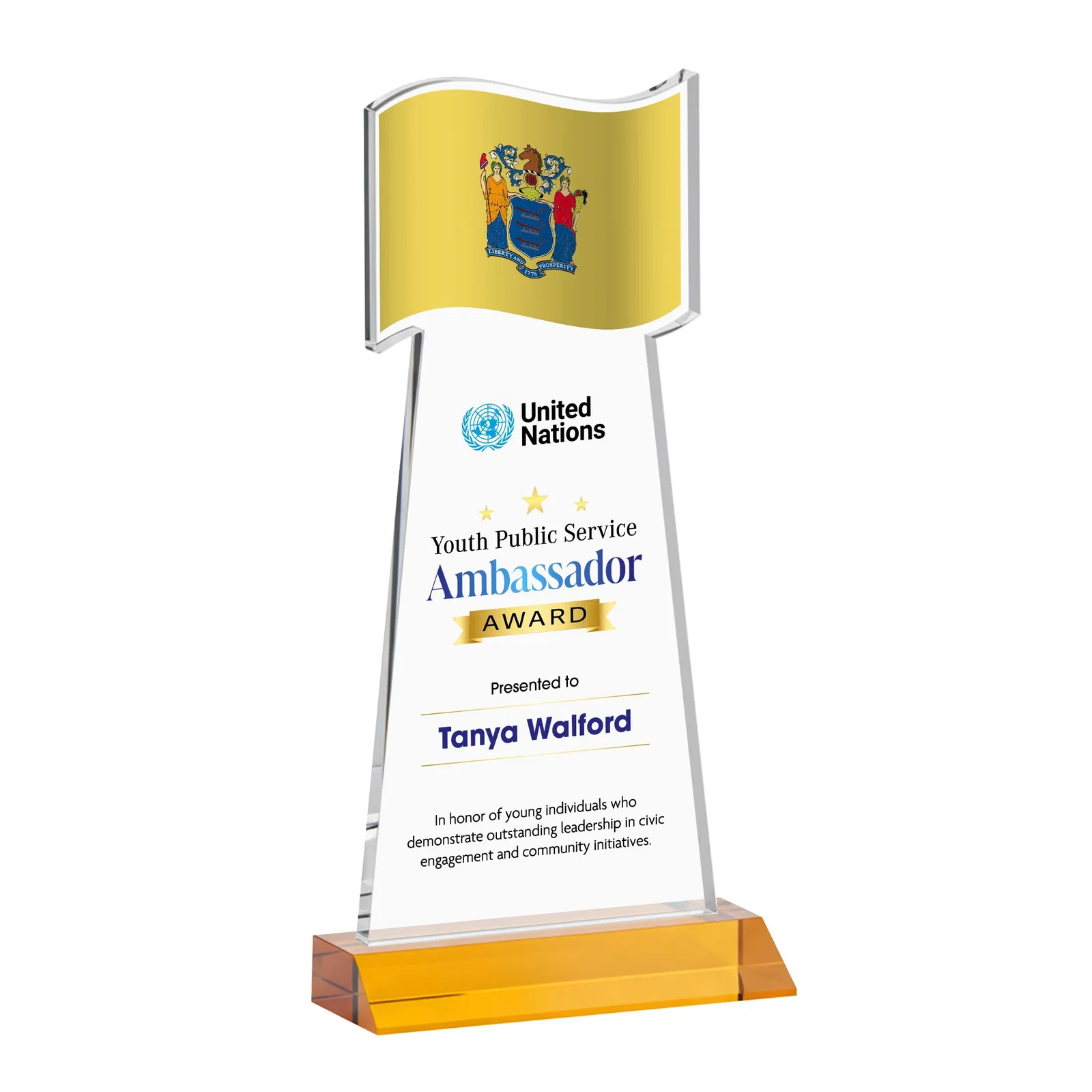 Custom printed Starfire Crystal Award with a Flag Cutout on a Mitered Base for corporate award ceremonies