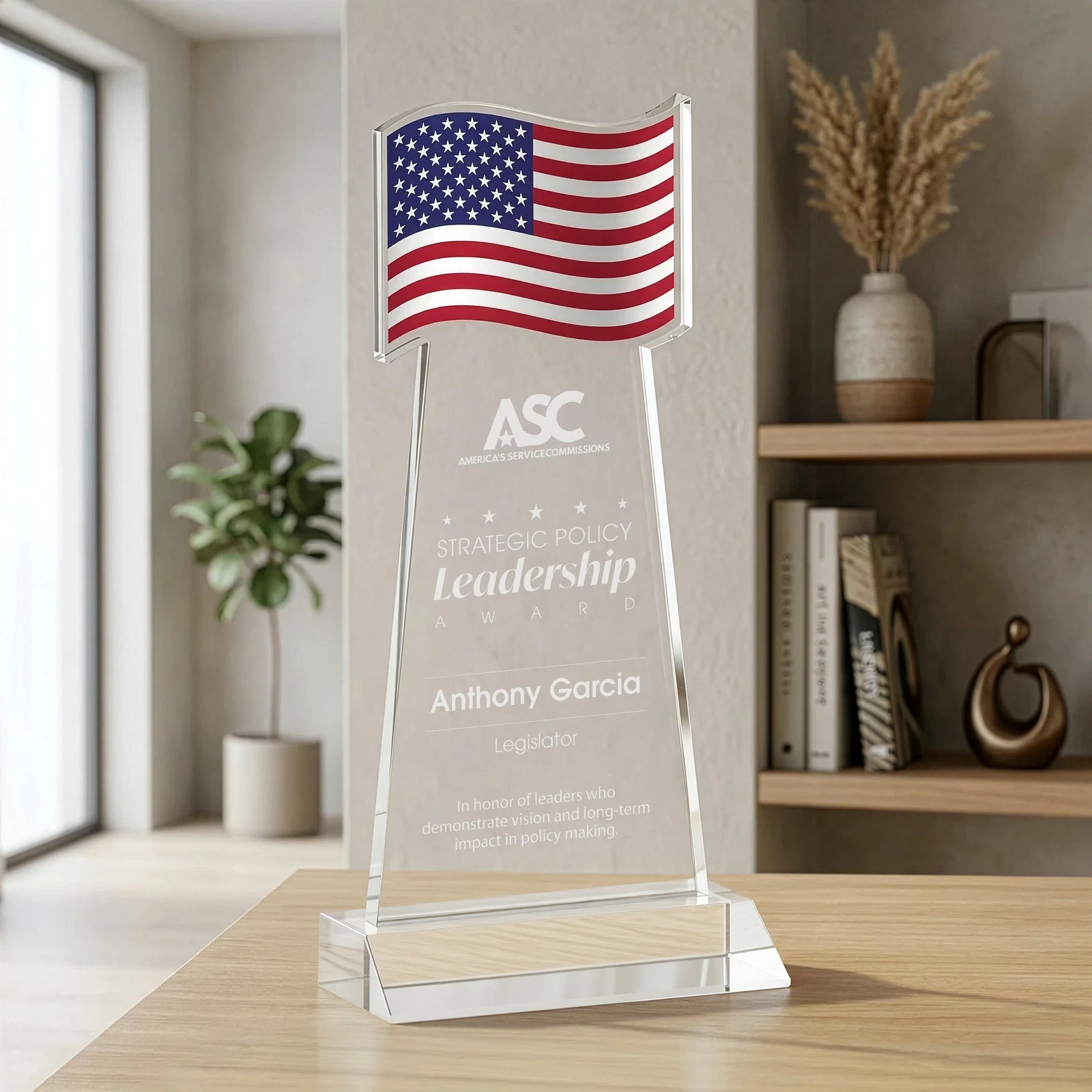 Custom Starfire Crystal Award with a Flag Cutout on a Mitered Base for donor appreciation